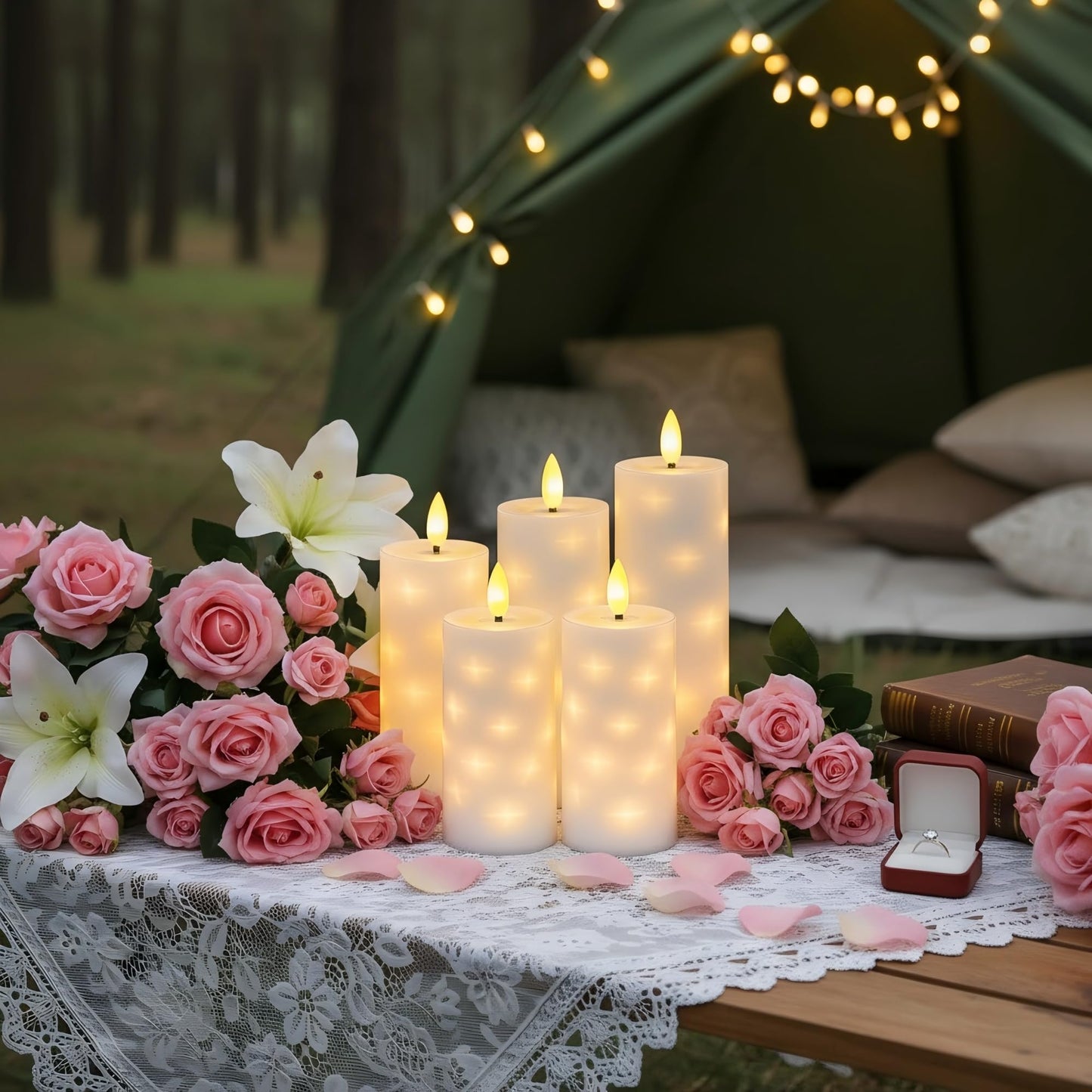 Goyuon Flameless LED Candles 5 Pack with Timer Remote, Embedded Star String Lights, Battery Operated Flickering Candles for Home Wedding Bedroom Living Room and Festival Decorate