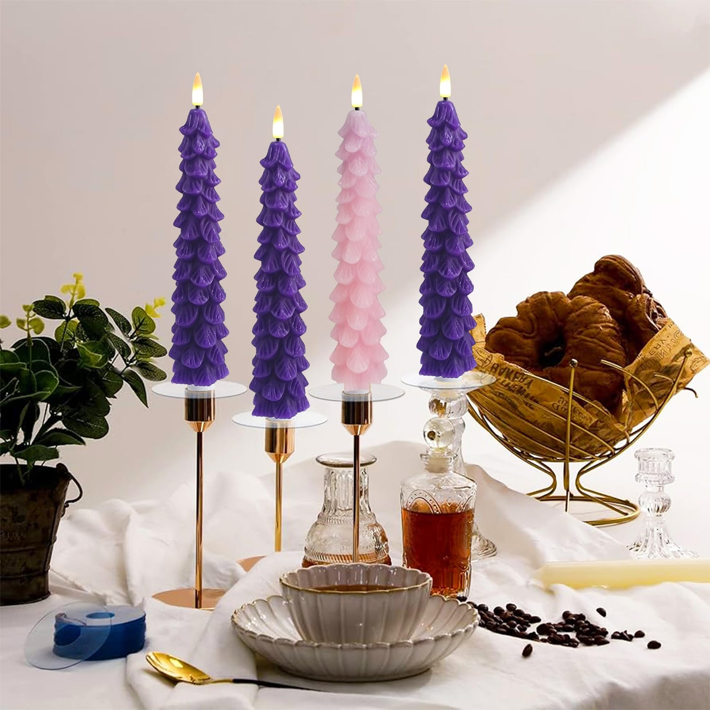FCMSHAMD Advent Christmas Trees Flickering Flameless Candles with Remote and Timer, Real Wax 3D Flame Wick LED Candles, 9.8 Inch Battery Operated Candles for Christmas Home Decoration，4PCS