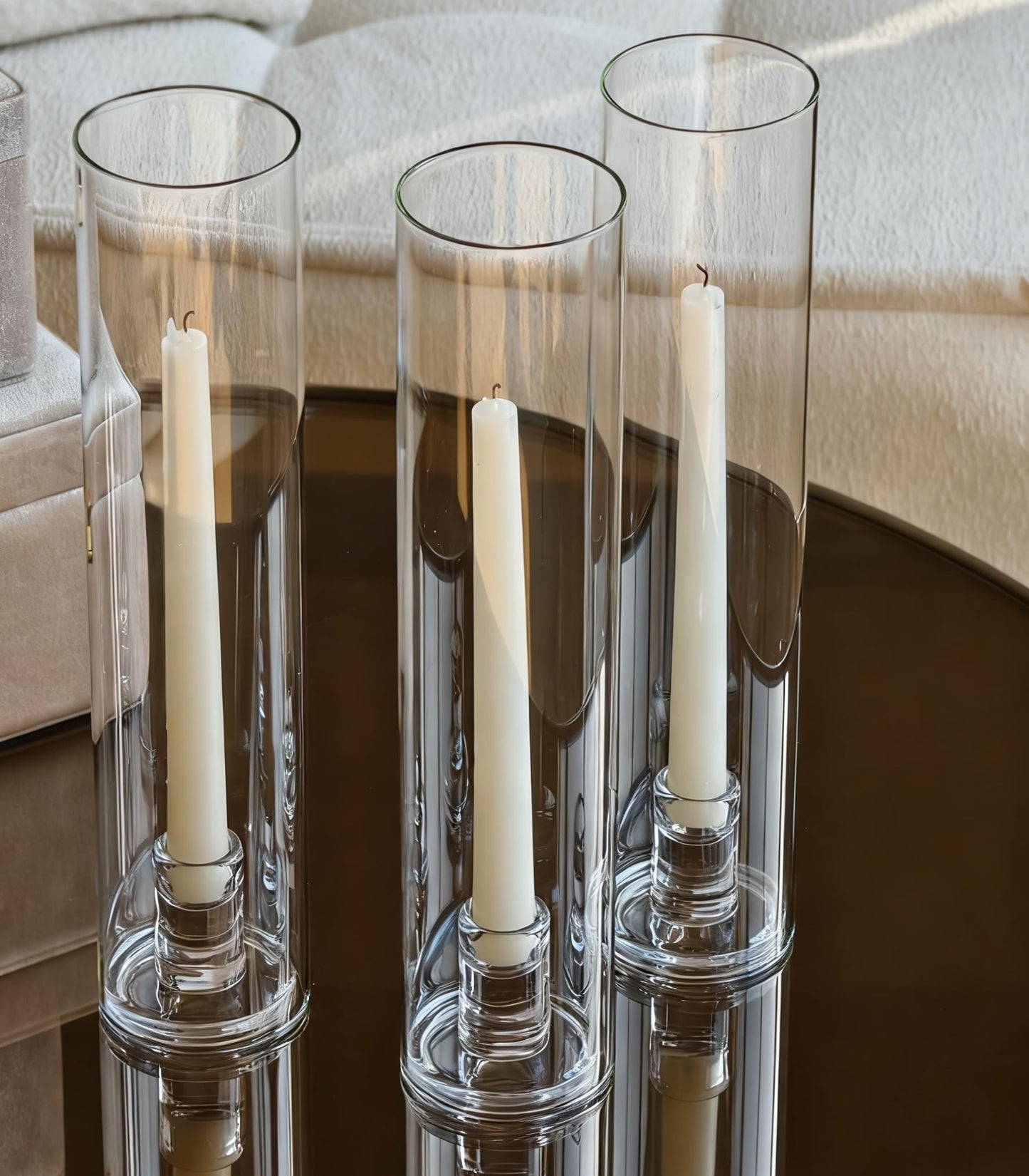 Vixdonos Glass Hurricane Candle Holder Set of 3 Modern Candlestick Holders Long Taper Candle Stand with 11.8 inch Tall Cylinder Windproof Cover for Wedding Party Table Centerpiece Outdoor