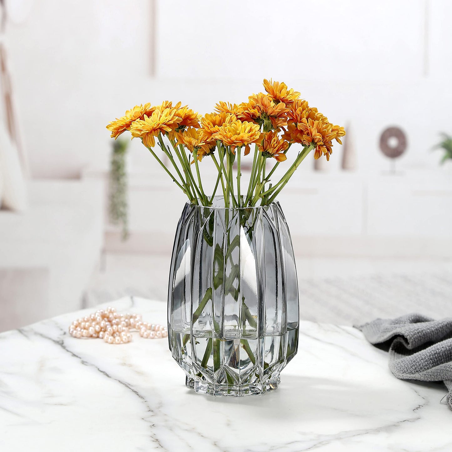 Lucky Bird Modern Black Grey Ribbed Glass Vase for Flowers, Candles and Decorative Accents - Tall/Short Glass Vase for Centerpieces Home Table Decor(Grey H7.87in)
