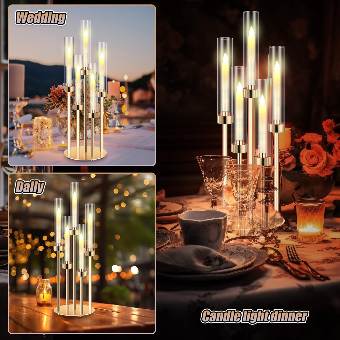 Tandefio 2 Set Gold Candelabra Centerpieces for Tables, 26.8 Inch 5 Arm Candle Holders with LED Candles and Acrylic Cylinders, Tall Acrylic Wedding Table Centerpieces for Reception Dinner Party Decor