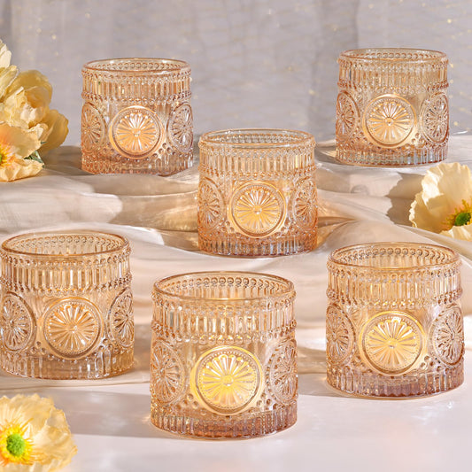 Sunnyfuture 6 Pack Large Votive Candle Holders,Vintage Glass Candle Holder for Floating Candle, Gold Tealight Candle Holder for Table Centerpieces,Bridal Shower,Wedding,Home Party Table Decoration