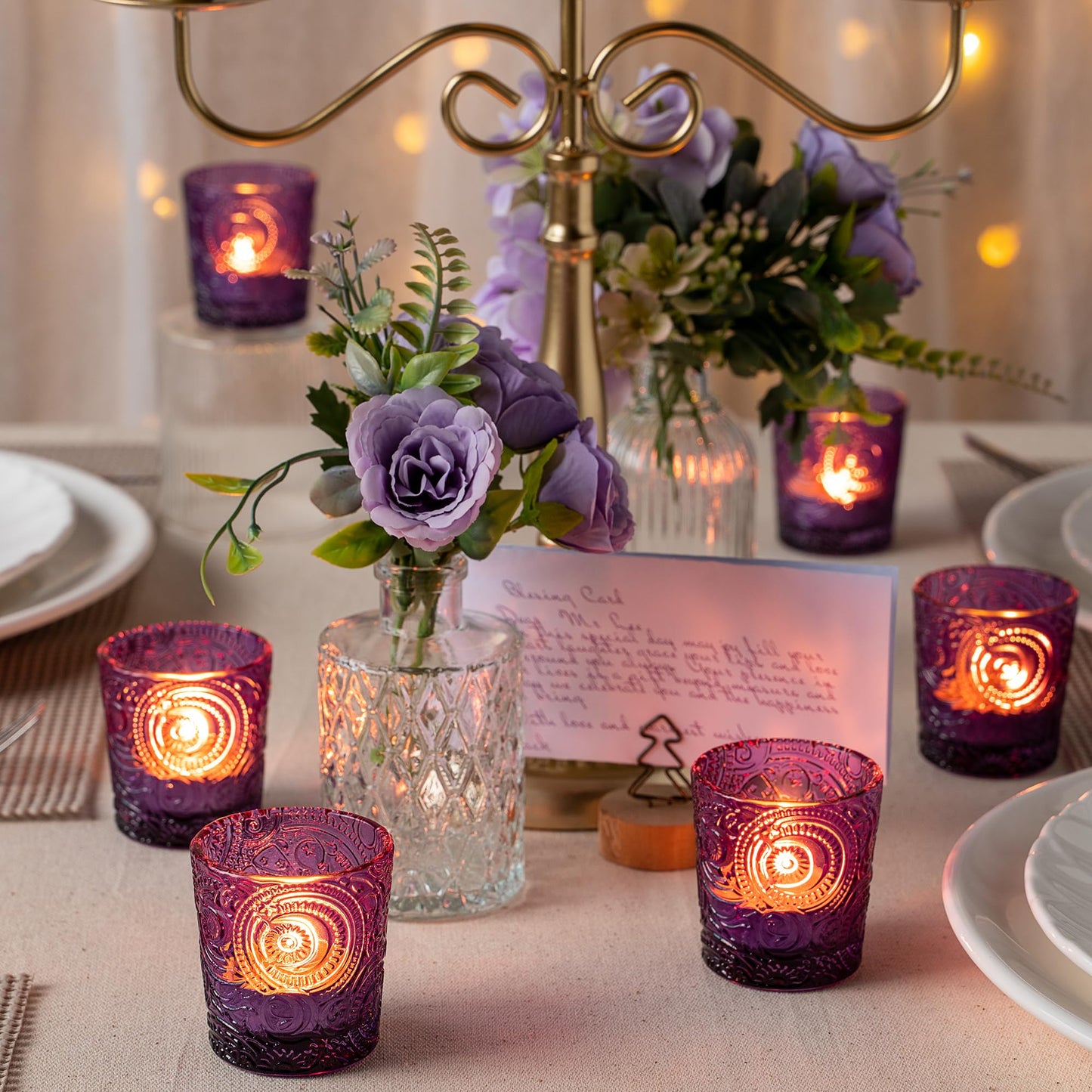 6 Pack Sun Moon Star Embossed Glass Tea Light Candle Holders - Votive Candle Holders for Wedding, Party, Home Decor, and Table Centerpieces (Amethyst Purple)