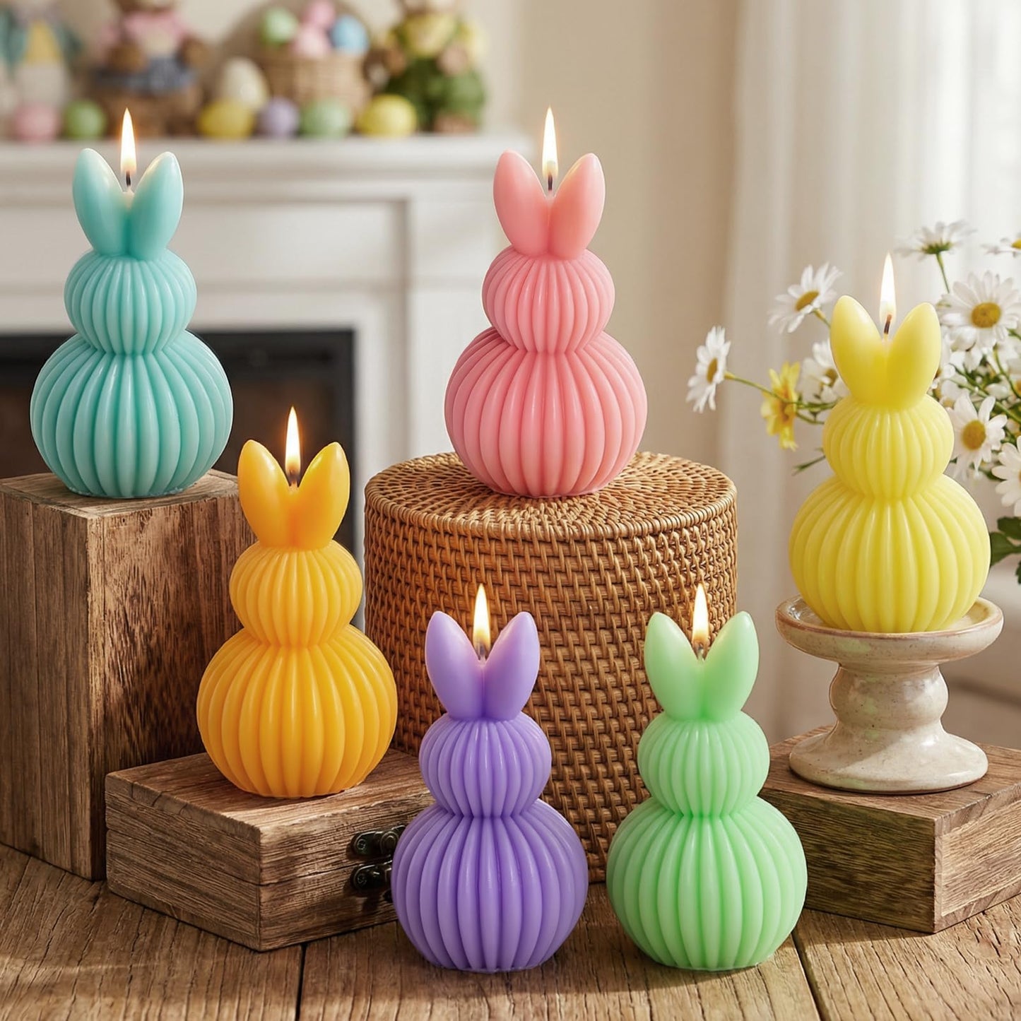 Lanpn 6 Pcs Easter Bunny Candles Gift Set, Mini Rabbit Shaped Votive Tea Lights, Easter Flower & Fruit Scented Candles, Each 2.1 oz, Spring Party Holiday Decor Home Table Centerpiece, Macaron Color