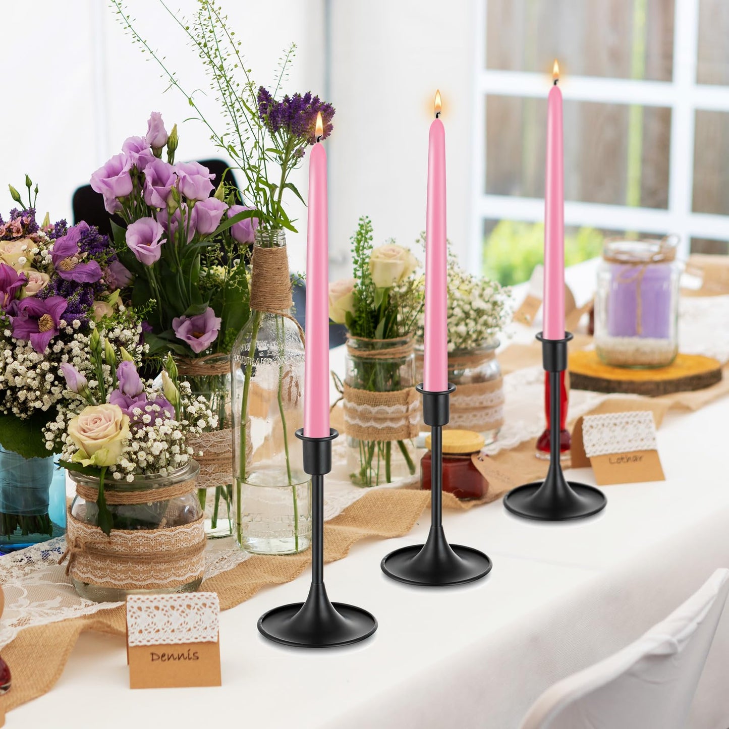 24 Pack Pink Taper Candles, 7-8 Hours Burn Time, Unscented, Smokeless and Dripless, 0.79 x 10 Inch Dinner Candle Set for Household, Wedding, Party and Home Décor Candlesticks