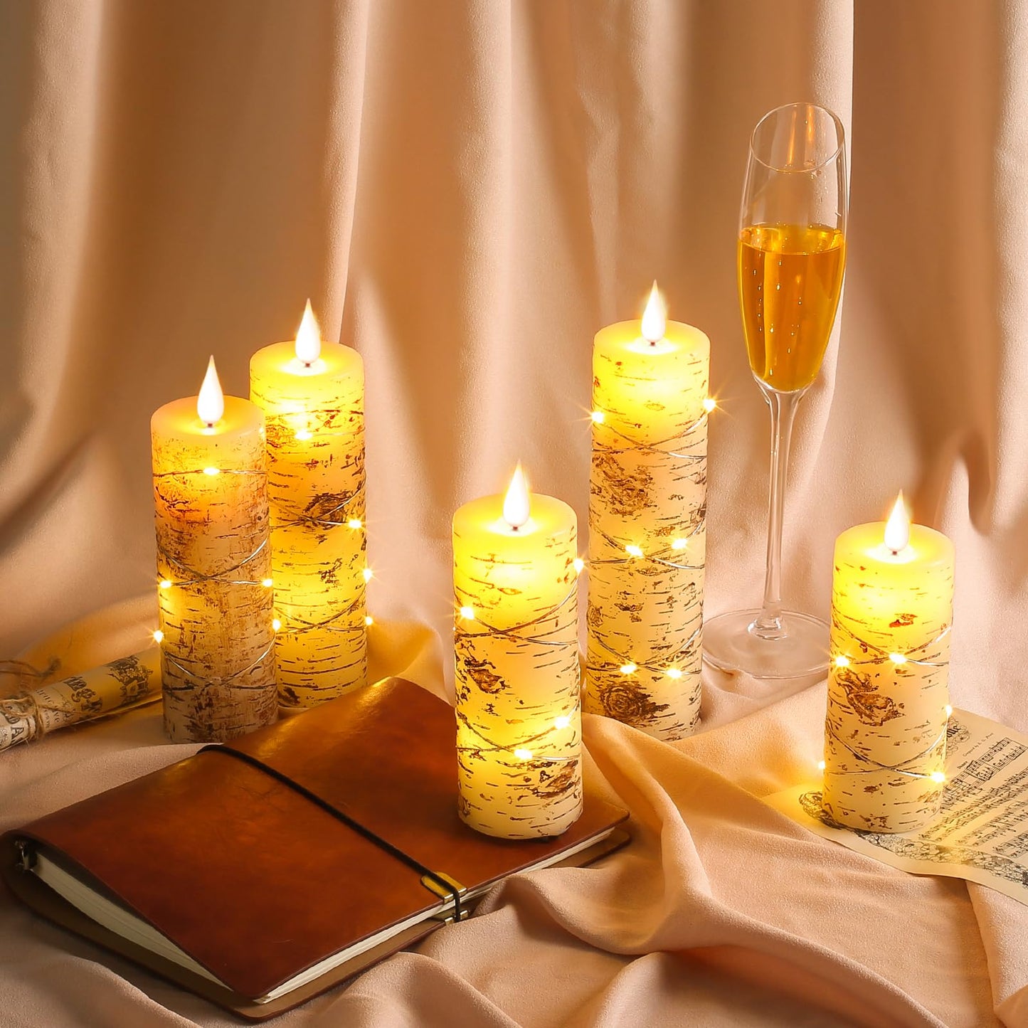 Da by 5 Pack Birch Bark Real Wax Flameless Taper Candles, Lifelike Flickering LED Candles with Copper String Lights, Battery Operated Candles with Remote for Farmhouse Wedding Home Decor