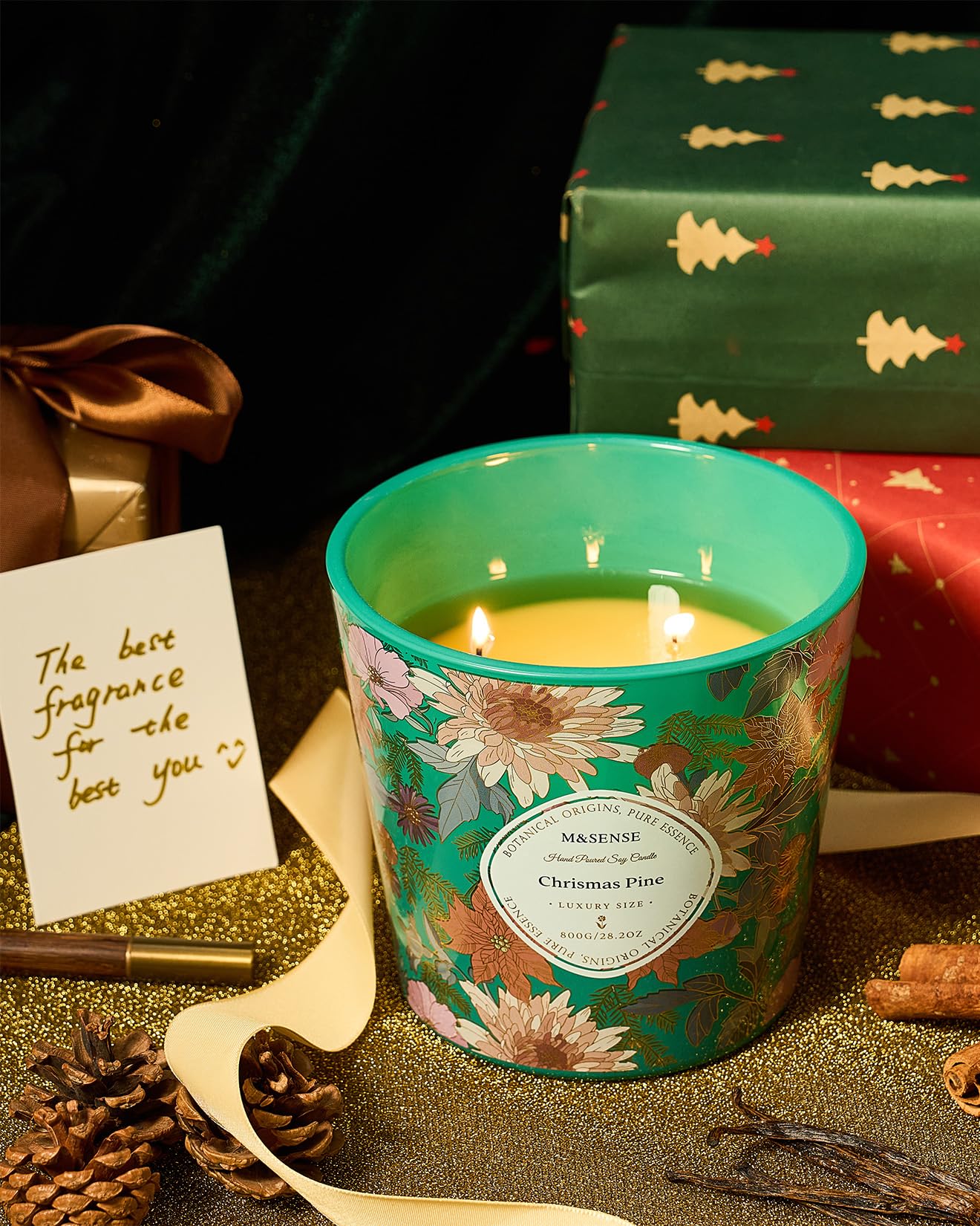 M&SENSE Christmas Pine Scented Candle, 28.2oz 3 Wick Natural Soy Wax Large Candles, Long Lasting Clean Slow Burning No Toxic Décor for Women Men, Romantic Dates & Gift-Giving