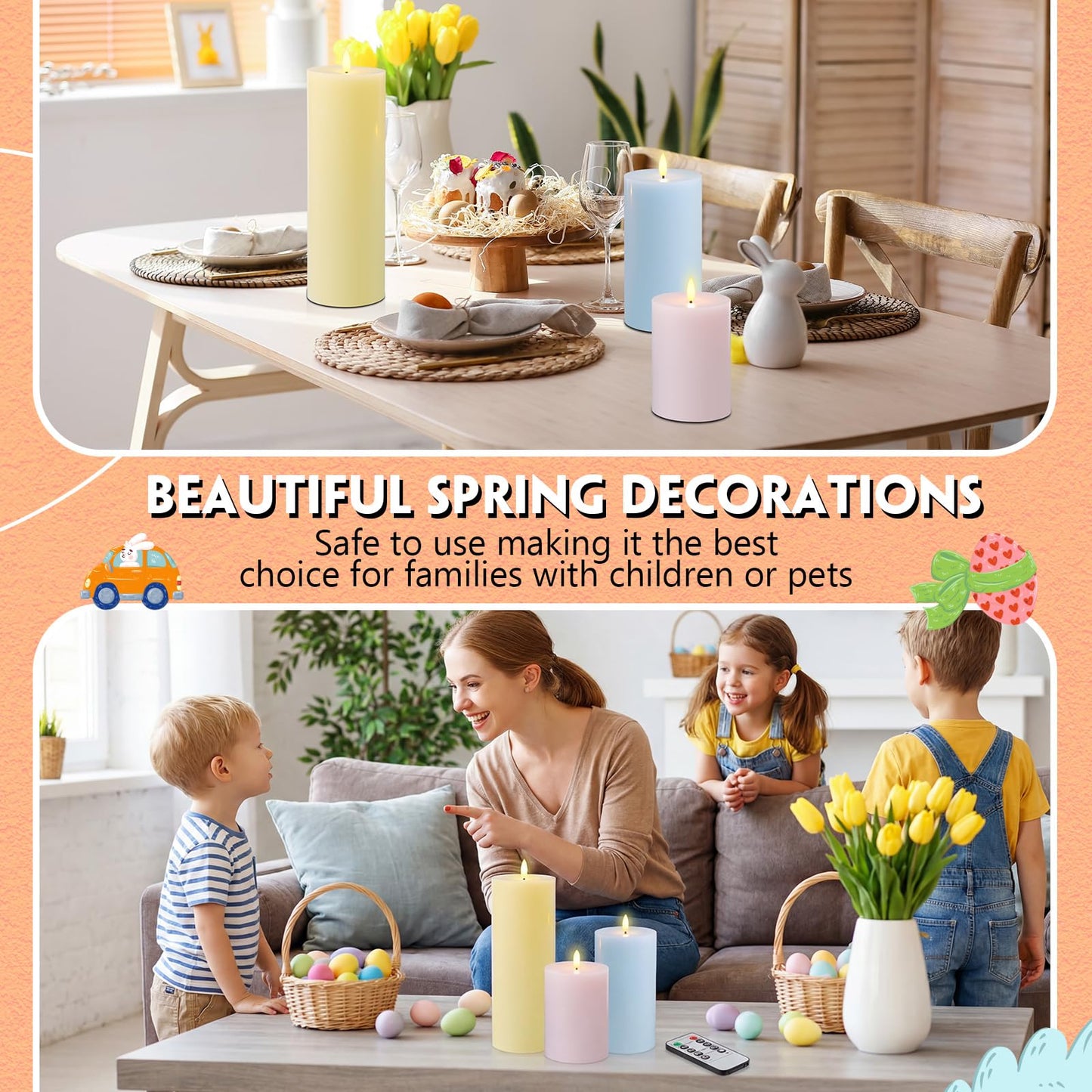 Retisee 3 Pcs Easter Large Flameless LED Battery Operated Candles with Remote and Timer Real Wax Candles for Indoor Outdoor Party Wedding Lights Decorations, Yellow, Pink, Blue