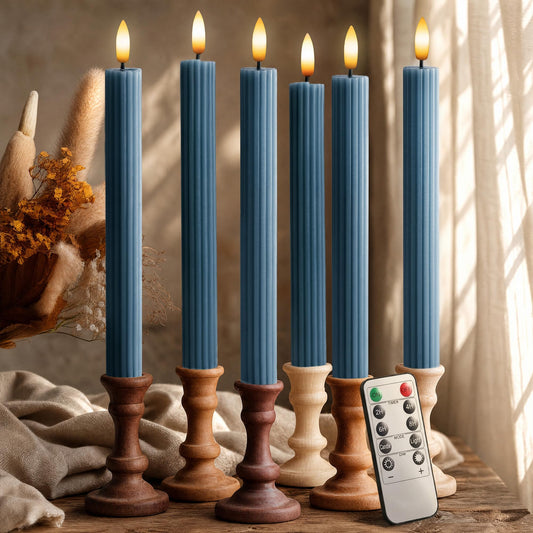 West Ivory 6 Pack, 10" LED Flameless Blue Fluted Ribbed Grooved Taper Candles, Remote & 24h Timer Memory, On/Off Button, Dimmable, Flicker Mode, Battery Operated, Christmas Menorah Wedding