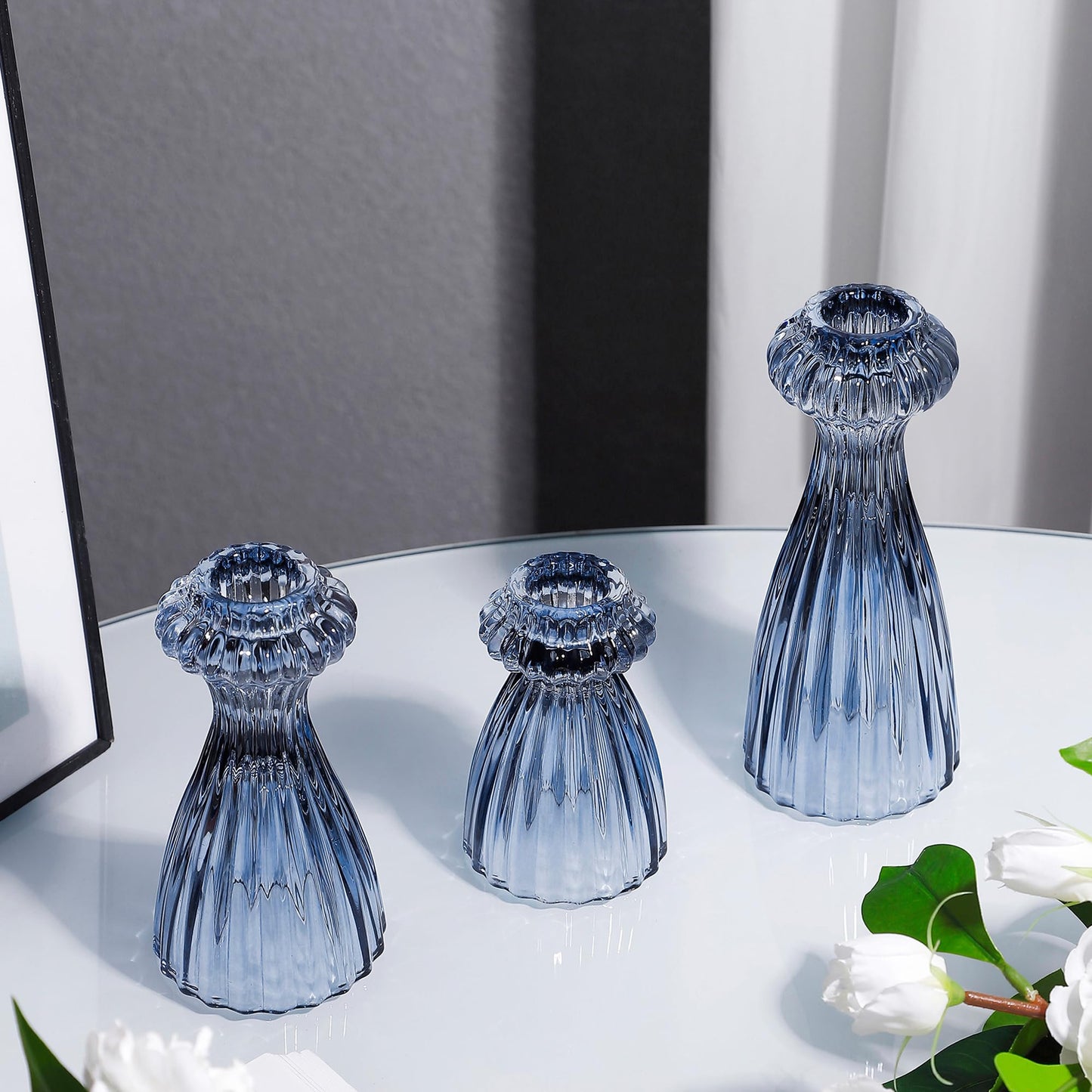 Lysenn Glass Candle Stick Holder Set of 3 – Premium Taper Candle Holders for Romantic Ambiance - Candle Sticks Holder Decor for Special Occasions - Dark Blue
