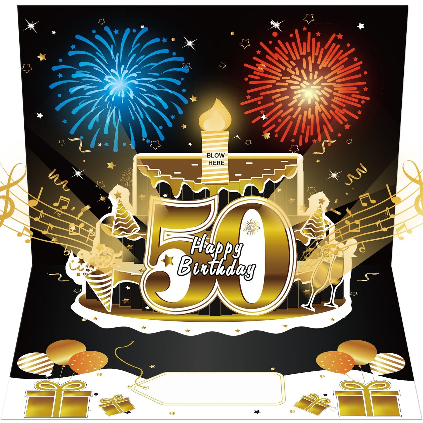 Turypaty 50th Birthday Cards Pop Up 3D Cake - Firework & Music & Blow Out Candle Light Funny Happy 50 Black Gold Birthday Card Gifts for Men, Women, Friends, Boyfriend, Dad, Mom, Husband, Wife