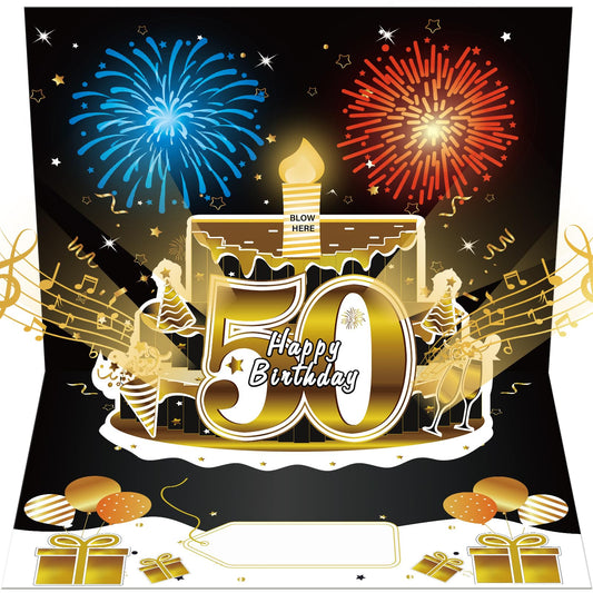 Turypaty 50th Birthday Cards Pop Up 3D Cake - Firework & Music & Blow Out Candle Light Funny Happy 50 Black Gold Birthday Card Gifts for Men, Women, Friends, Boyfriend, Dad, Mom, Husband, Wife
