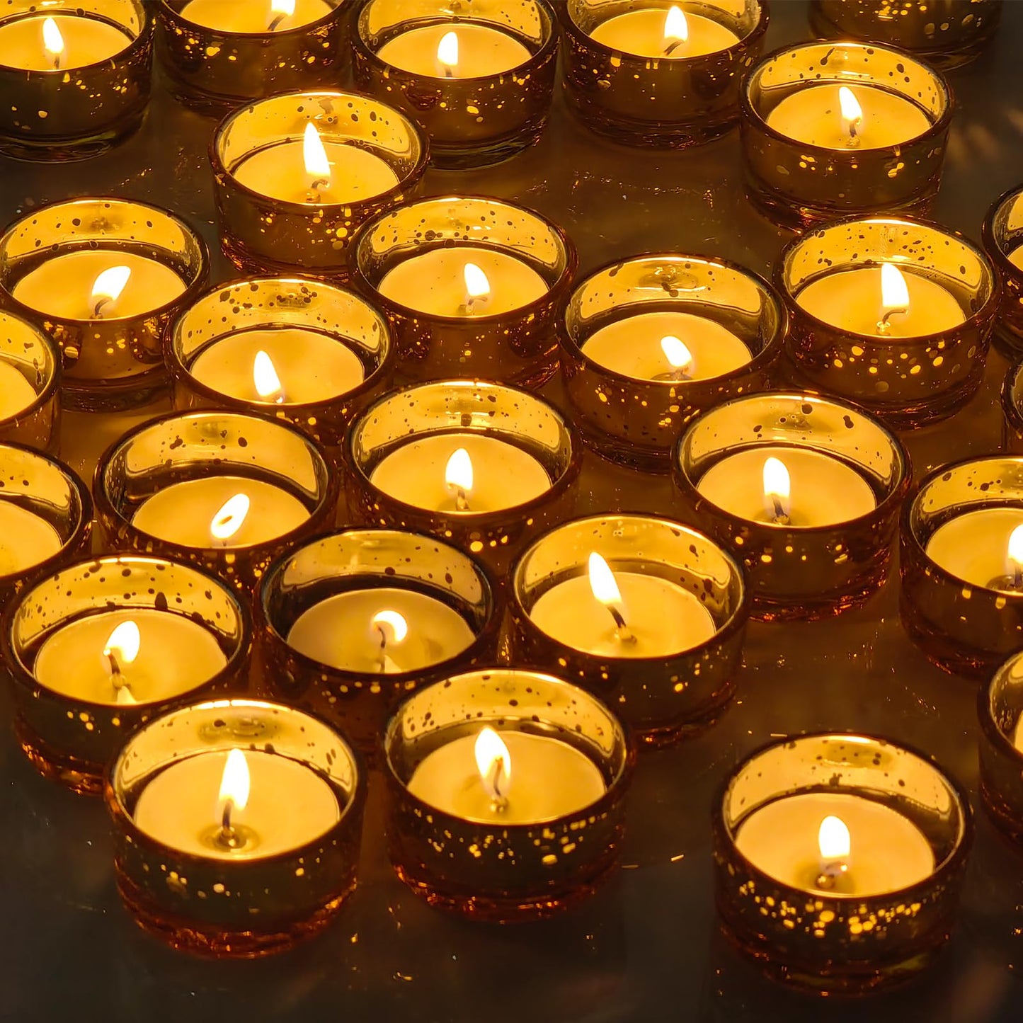 GOLDEAL 30 Pcs Samll Glass Tealight Candle Holders Speckled Gold Glass-Tea Candle Holders Bulk-Perfect for Weddings, Parties, Dinners - Ideal for 1.5" Standard Tealights and Candle Moulds…