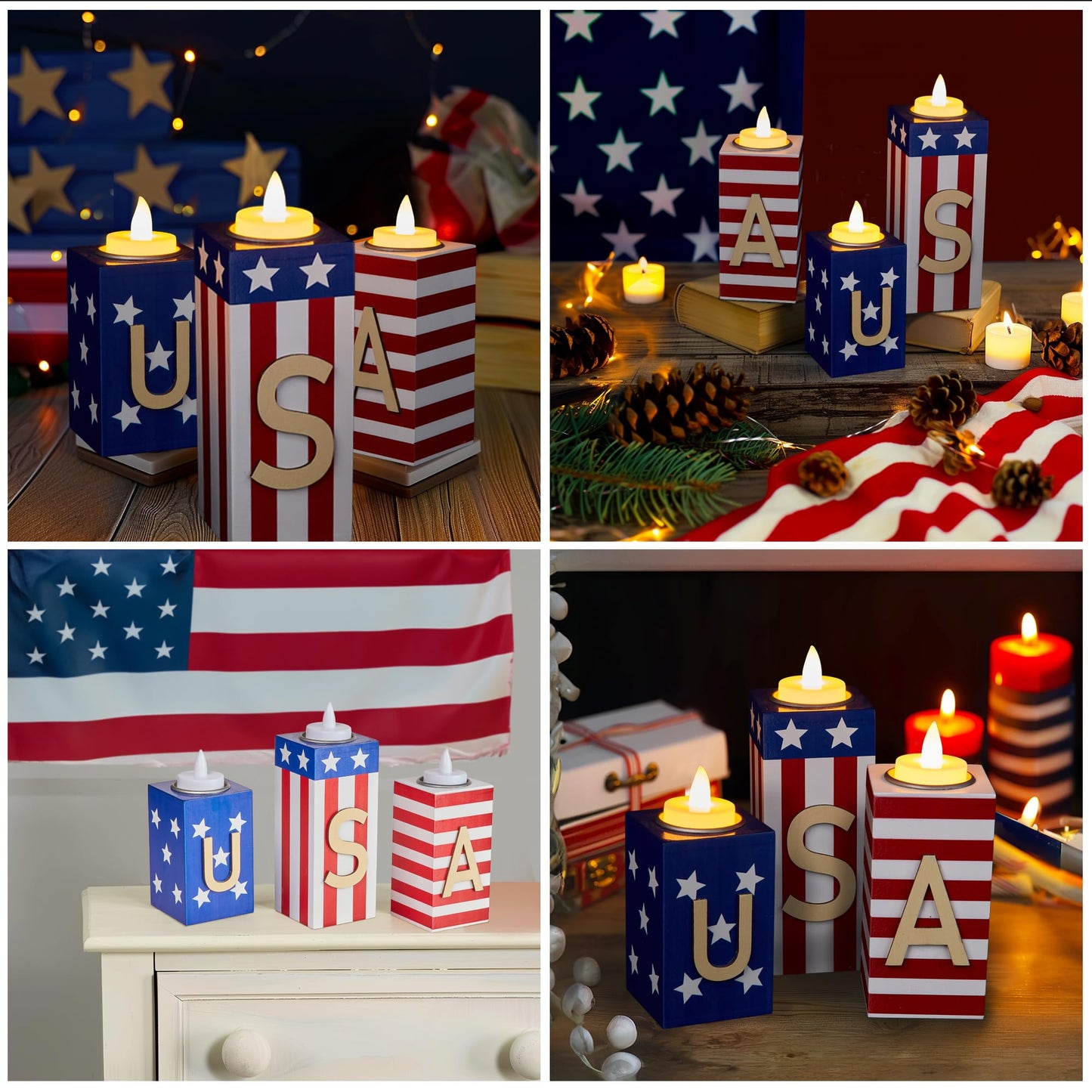 BlcTec 4th of July Decorations, 3 PCS Patriotic Wood Candle Holders with Tea Lights, Rustic Farmhouse Centerpieces for Home, Tiered Tray, Tabletop, Mantel, Office, Porch, Memorial Day, July 4th Décor