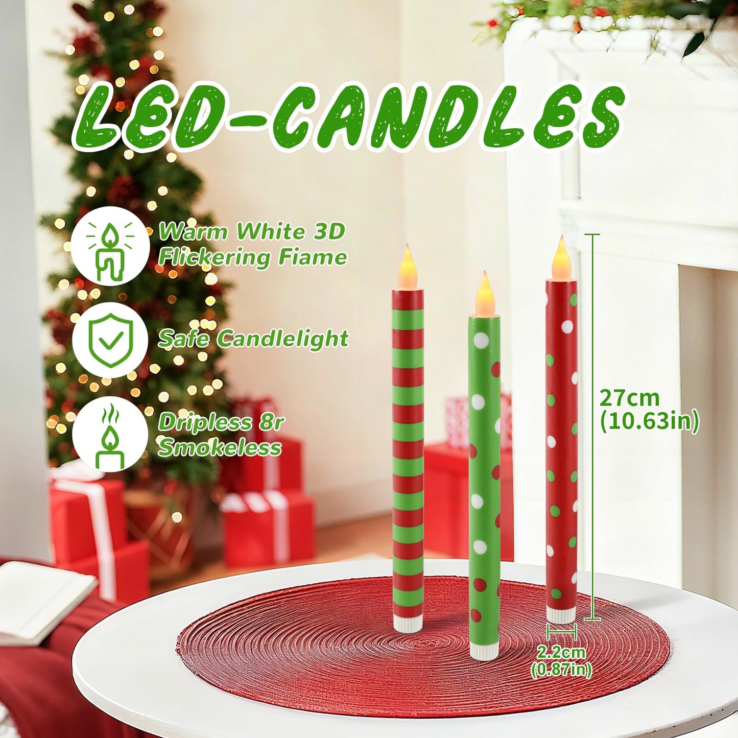 Sariiraw 6 Pcs 10.6 Inch Battery Operated Flameless Taper Candles - LED Candlesticks with Remote & Timer for Christmas, Winter Holiday & Party Table Decor