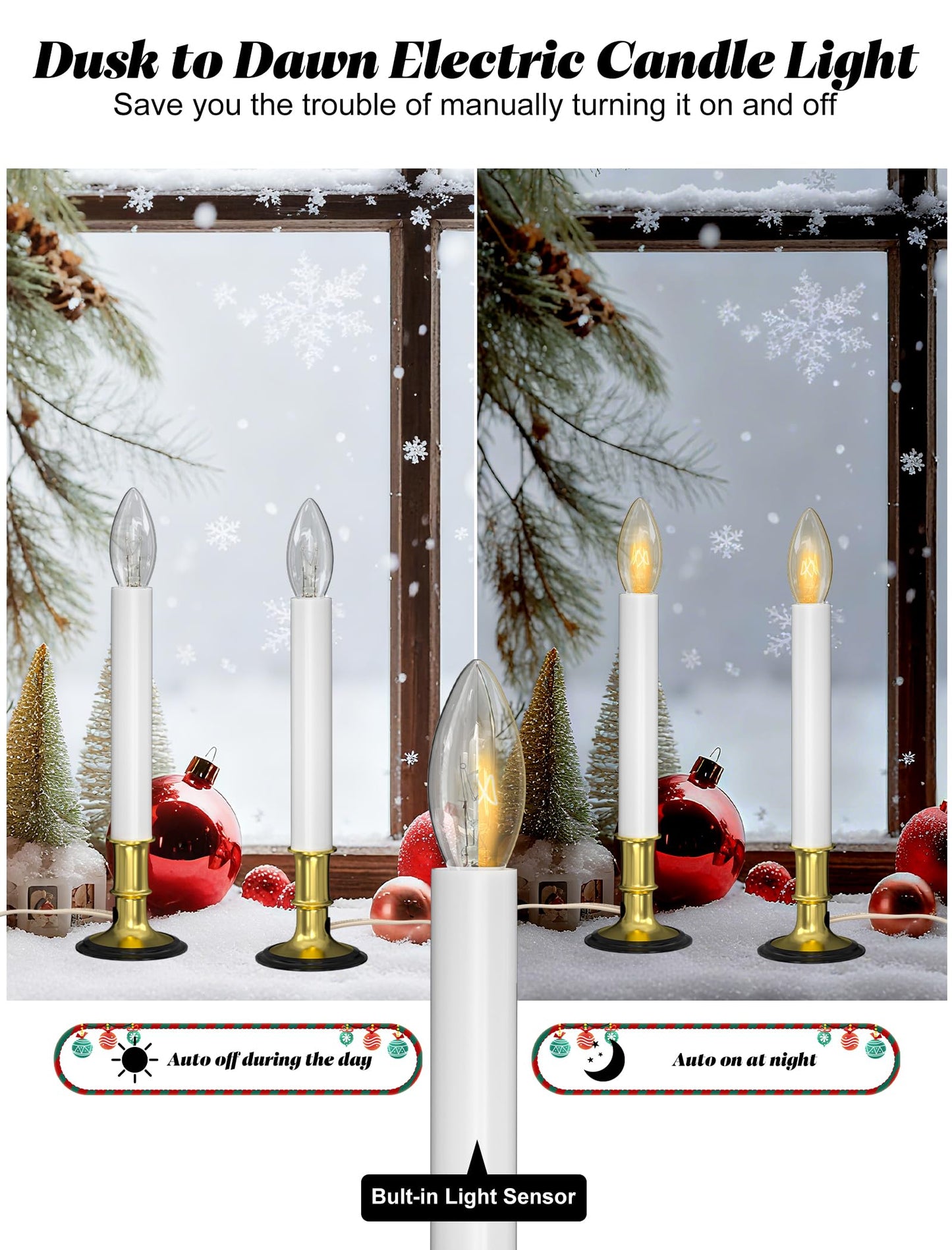 Txcigech Electric Christmas Window Candle Lights - 4-Pack with Dusk-to-Dawn Auto Sensor, Plug-in Corded Window Candle Lamps with C26 Incandescent Bulbs for Holiday Home Decor