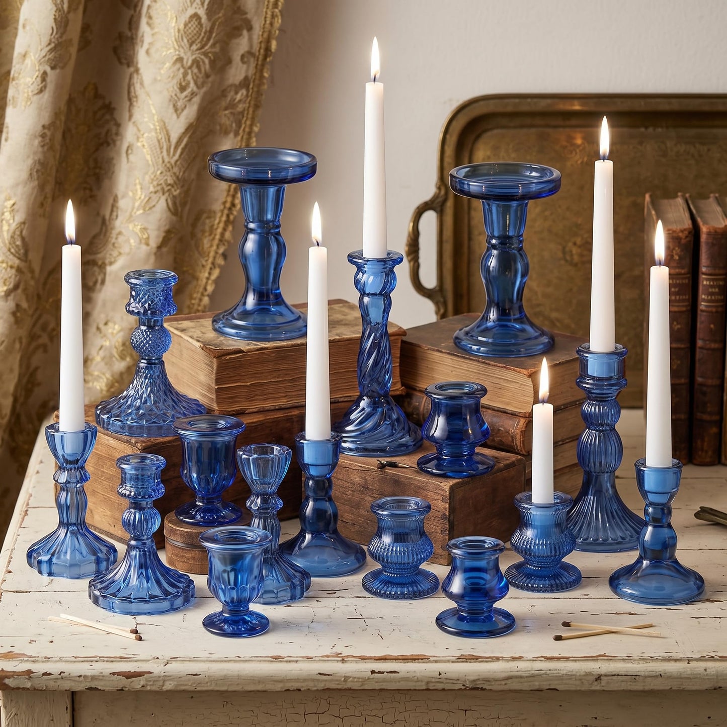 Mumufy 20 Pcs Glass Crystal Taper Candle Holders Clear Glass Candlestick Holder Fit 0.8 Inch Candles Crystal Decorative Candle Stand Centerpiece Table Wedding Dining Party (Blue)