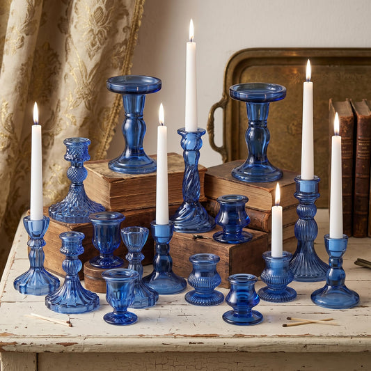 Mumufy 20 Pcs Glass Crystal Taper Candle Holders Clear Glass Candlestick Holder Fit 0.8 Inch Candles Crystal Decorative Candle Stand Centerpiece Table Wedding Dining Party (Blue)