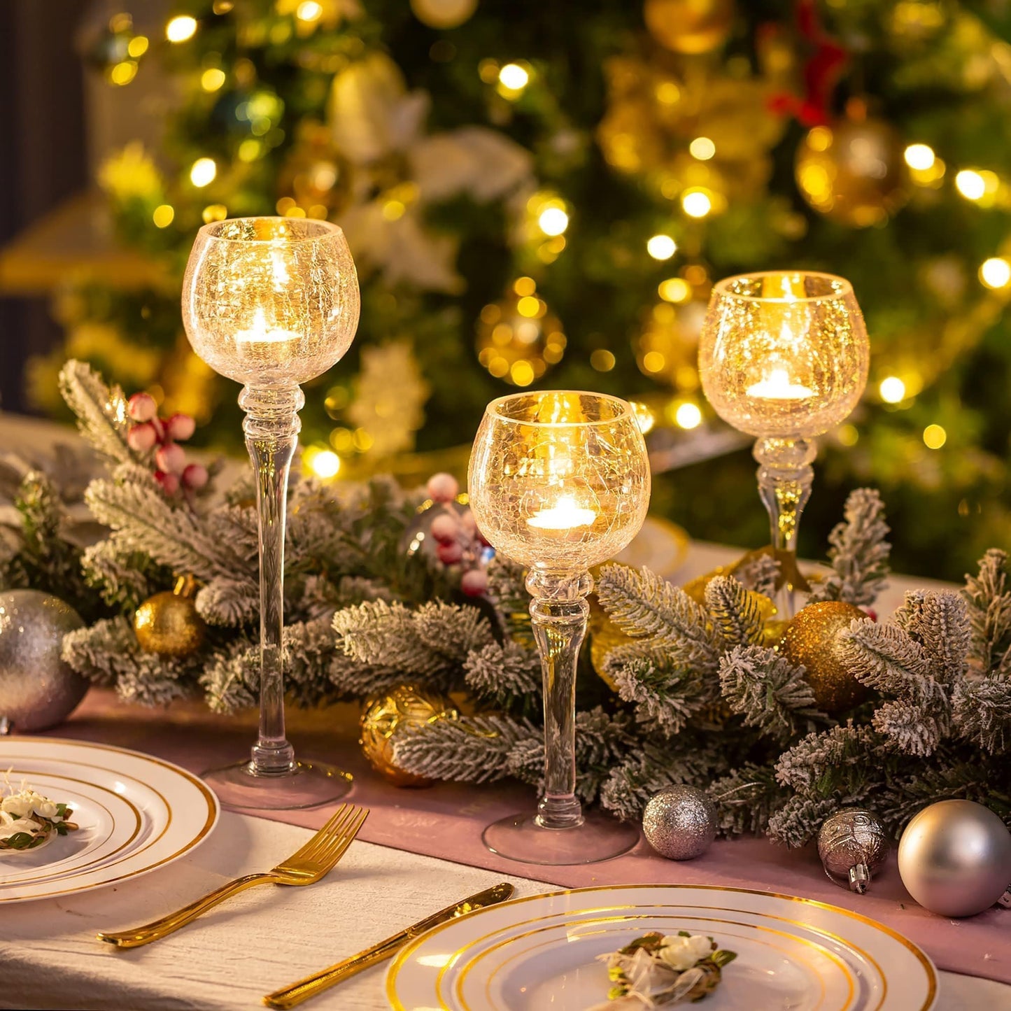 Inweder Glass Tealight Candle Holder: Clear Votive Holders 9/10/12 Inch Tall Long Setm Floating Candle Holders for Christmas Dining Table Centerpiece Wedding Party Set of 3