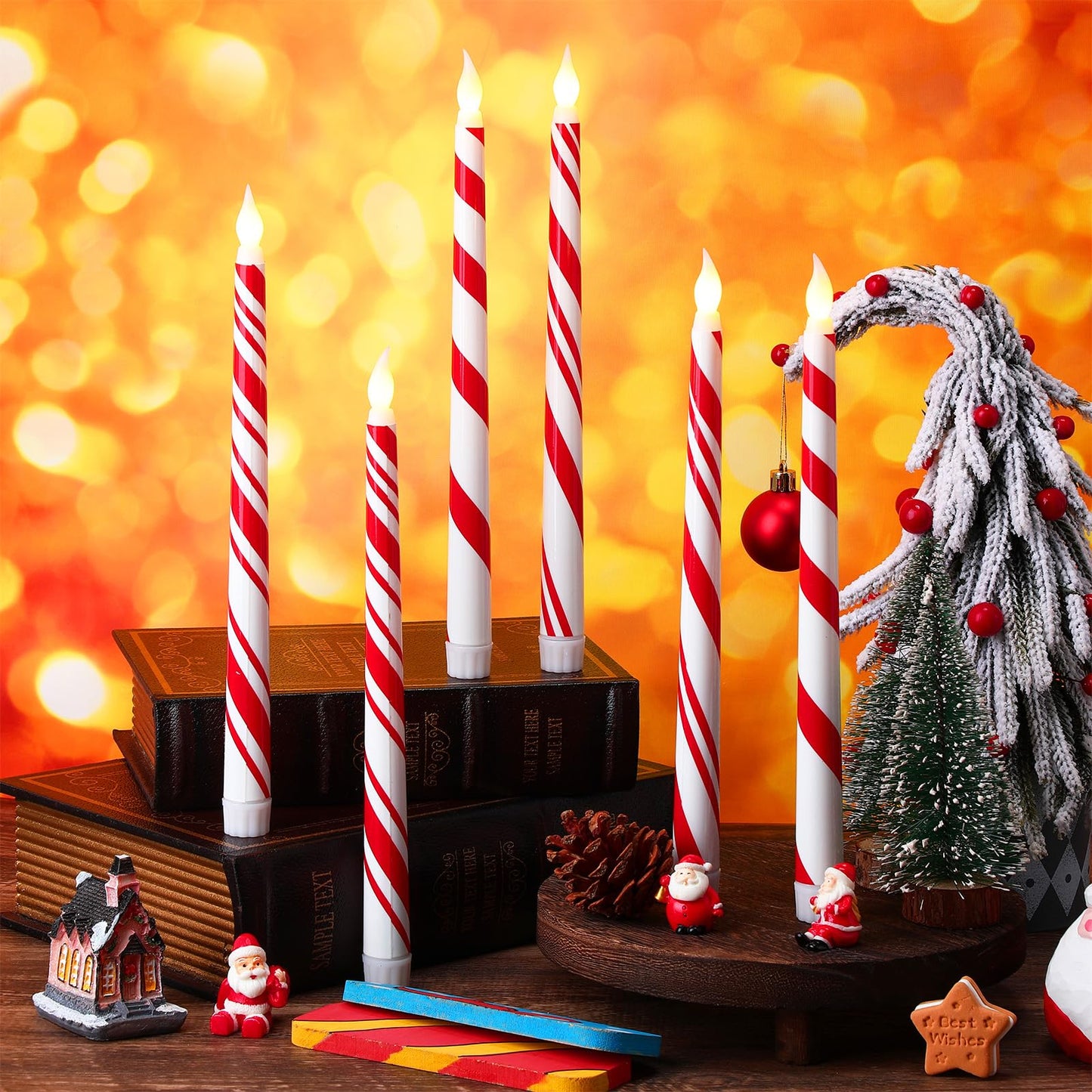 Kittmip 6 Pcs Christmas Flameless Taper Candles 11 Inch Long Candy Cane White Red Battery Operated LED Candles Table Centerpiece for Xmas Winter Holiday Party Decor