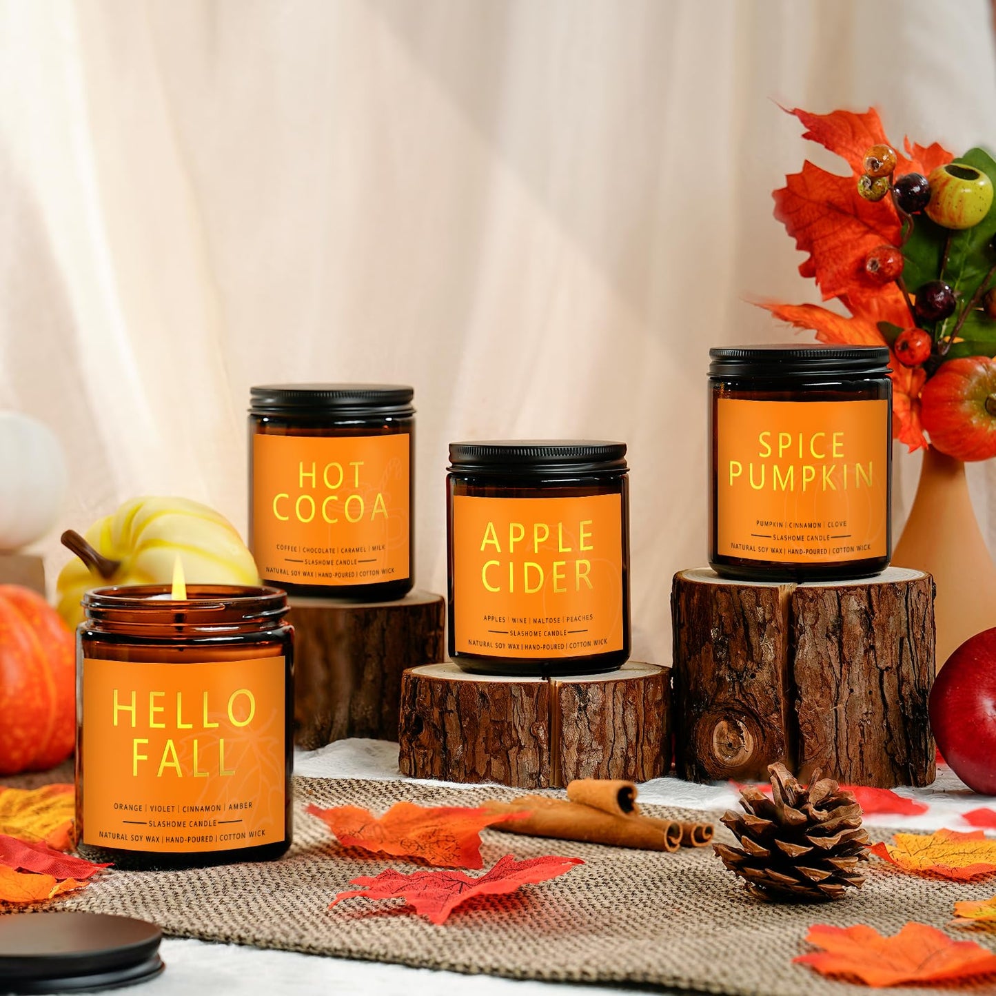 Fall Scented Candles Hello Fall 7oz – Warm Pumpkin Spice & Sweet Apple Soy Wax Candle for Cozy Autumn Home Décor, Perfect Fall Gift, 50 Hour Long Burn
