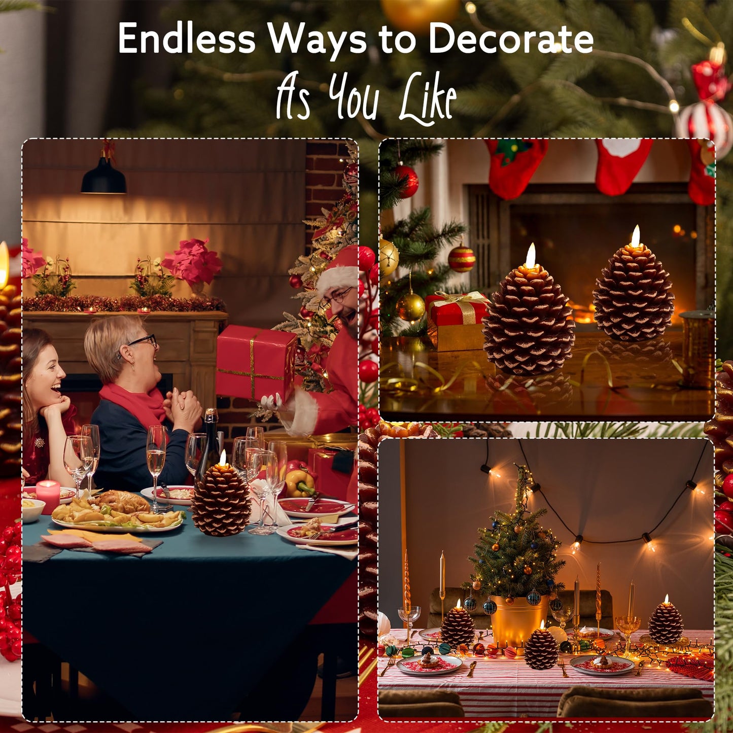 AFINETH Christmas Pinecone Candles Flameless, Real Wax Battery Operated Pine Cone Candles with Remote, 2 Pack Flickering Led Candle Christmas Decorations for Winter Home Holiday Xmas Gift, Brown