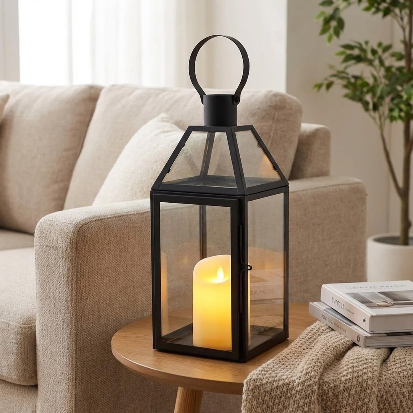 JHY DESIGN Black Decorative Lanterns 16“H Decorative Candle Lantern with Tempered Glass for Indoor Outdoor Events Parities and Weddings