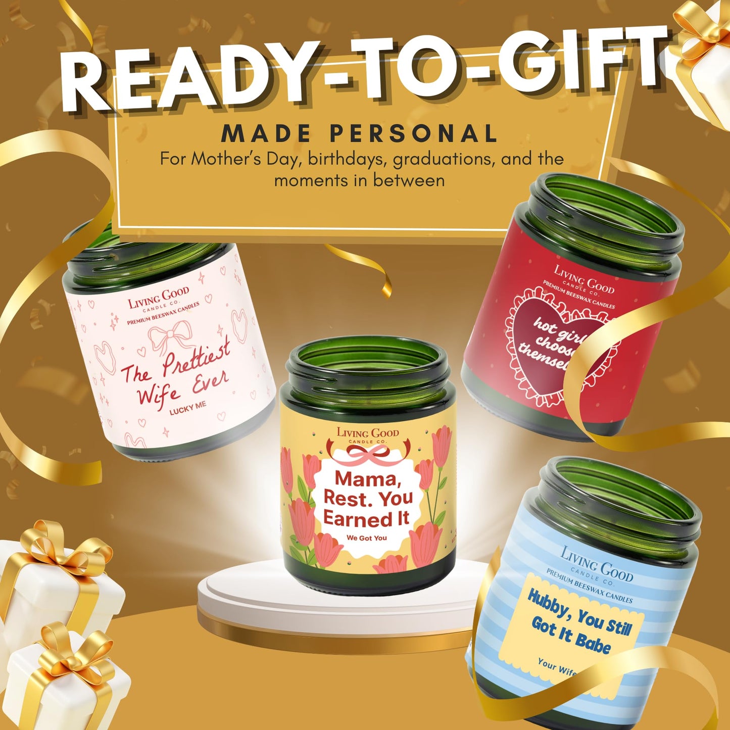 Personalized Message Pure Beeswax Candle for Her & Him - 3 Scent Choices: Palo Santo - Coastal Breeze - Tranquility - Non-Toxic & Pet Friendly - Gift for Wife Girlfriend Mom Dad - 5.5 OZ