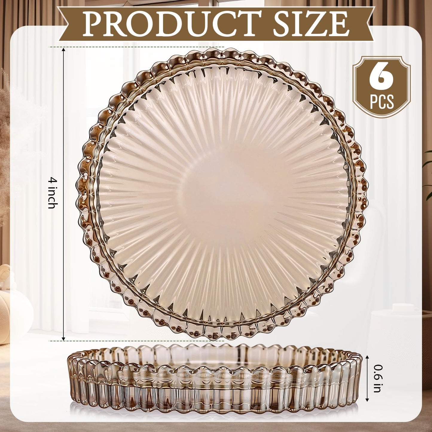 Honeydak Amber Glass Pillar Candle Holder Plates 4'' Round Glass Candle Tray Round Coasters for Table Centerpiece Wedding Party Home Bridal Shower Thanksgiving Christmas Decor(6 Pcs)