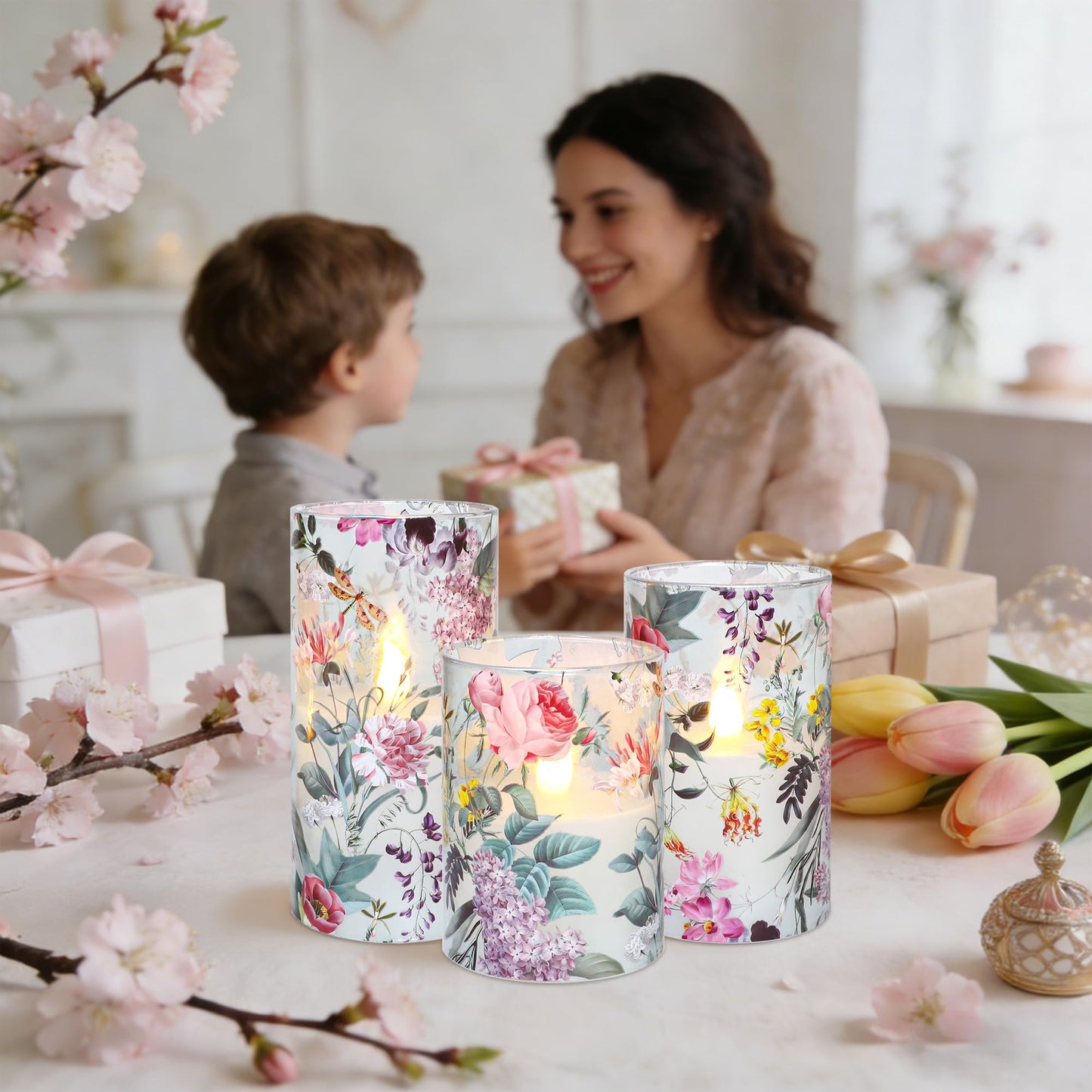 CRYSTAL CLUB Floral Glass Flameless Candles Battery Operated with Remote, Realistic LED Flickering Pillar Candle for Wedding, Home Decor