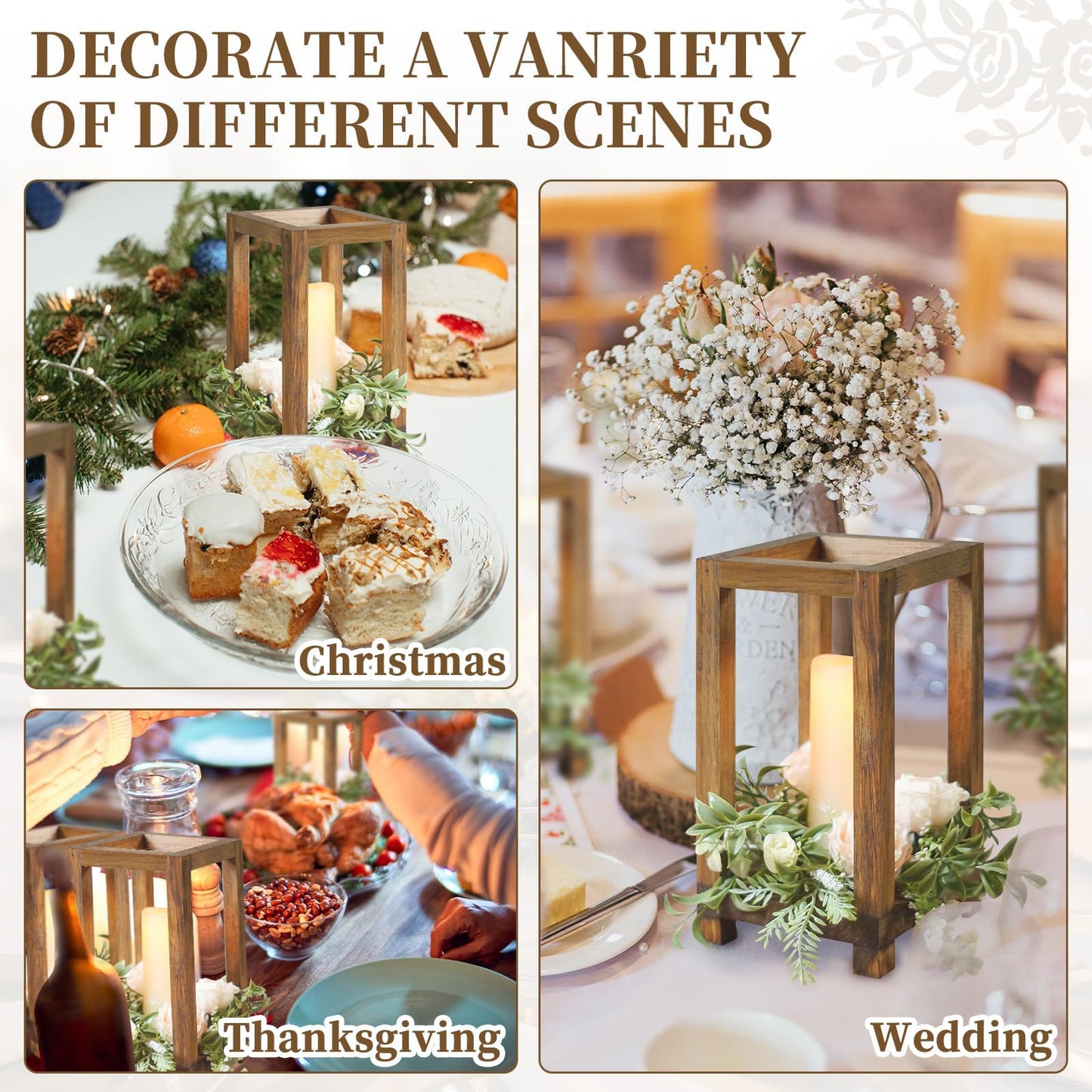 4 Pcs Wooden Lanterns Wedding Centerpiece for Tables, Farmhouse Candle Lantern, Perfect Centerpiece Table Decorations, Candle Holder Decorative for Wedding Party, Table Valentine Decor