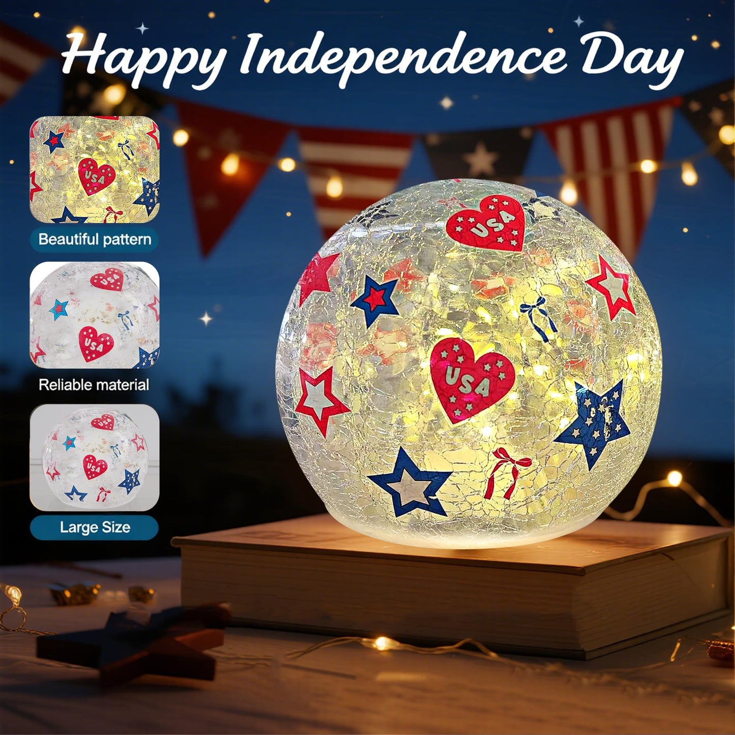 3PCS Independence Day Decorative Lights, 3.93-inch Independence Day Desktop Decoration LED Night Light, Cracked Glass Ball Light with Timer, 4th of July Decoration (Love)