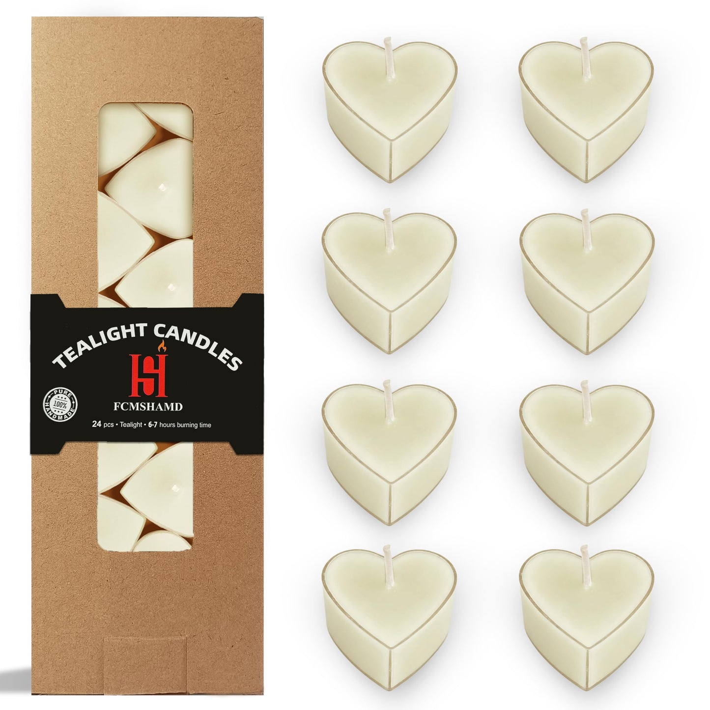 Tea Lights Ivory Heart Tea Candles Set of 24 – Tealight Candles with Jasmine Scent, Long Burning Handmade Tealights for Wedding Meditation Home Decor Gift