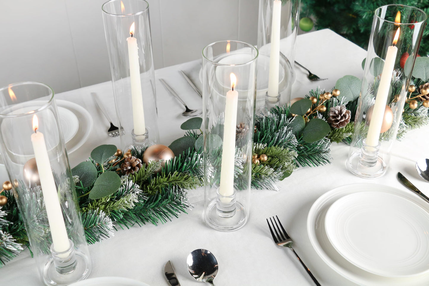 Vixdonos Glass Hurricane Candle Holder Set of 3 Modern Candlestick Holders Long Taper Candle Stand with 11.8 inch Tall Cylinder Windproof Cover for Wedding Party Table Centerpiece Outdoor