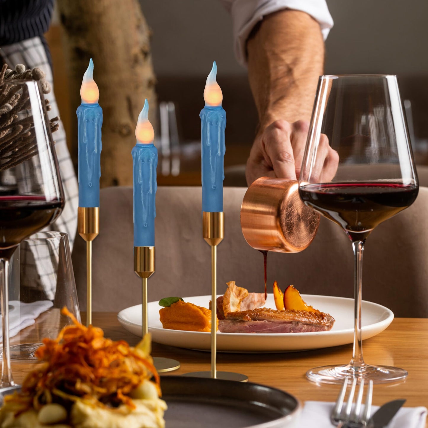 Dark Blue Flameless Short Taper Candles, Real Wax Hand Dipped LED Battery Operated with Remote, Flickering Flame Lights for Festival Party Home Décor, 6.7 Inch Primitive Flameless Candles, 4PCS