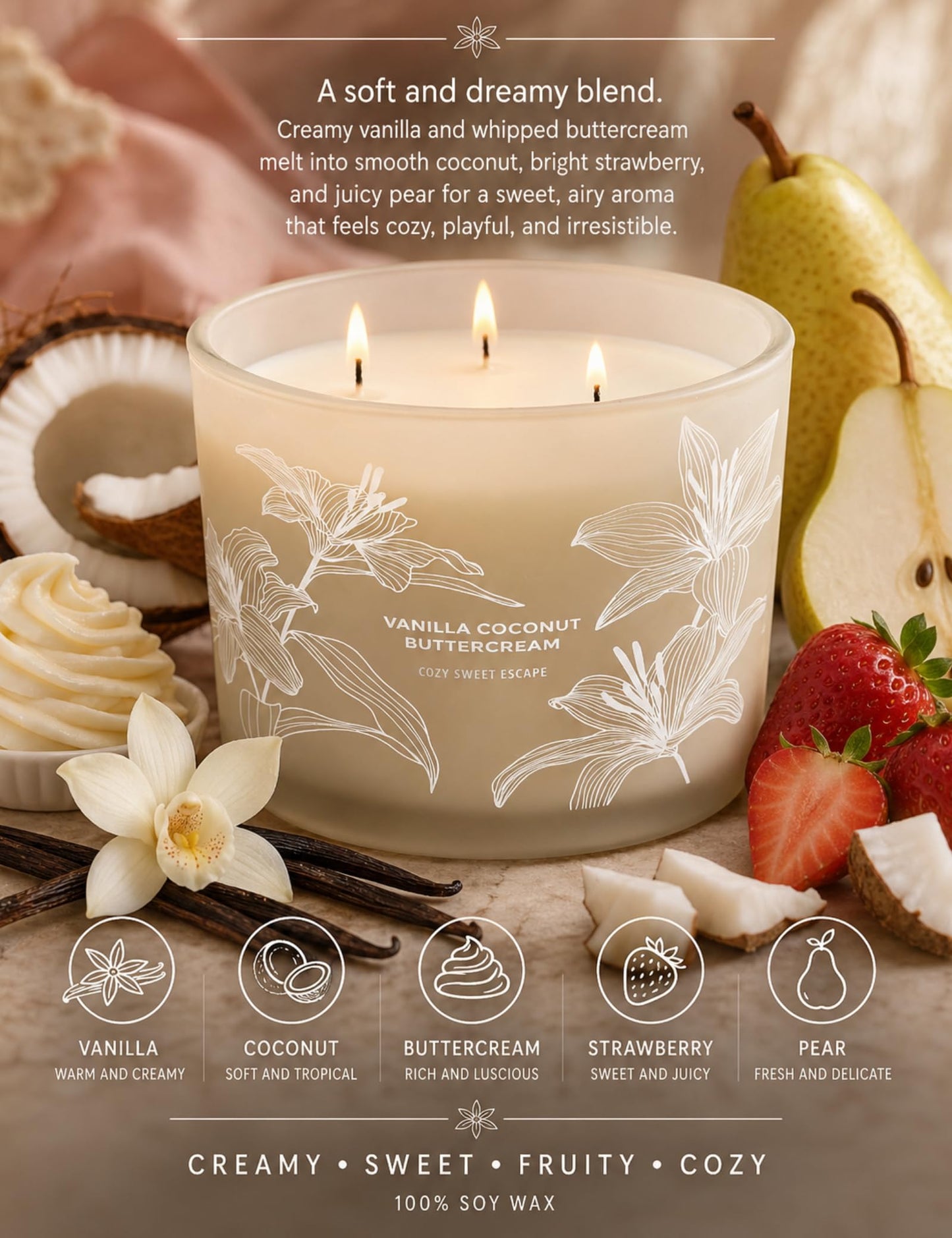Vanilla Coconut Buttercream Candle | Large 3 Wick Scented Soy Candle for Home | 14.5oz Vanilla Coconut Aromatherapy Candle | Vanilla Cupcake Candle | Long Lasting Clean Burn | Gift for Women & Men