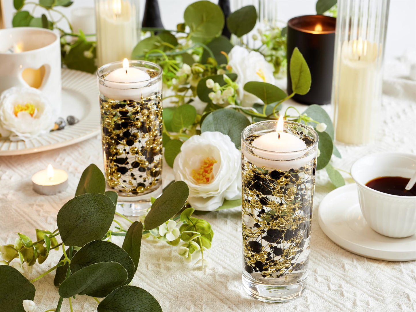 YATOJUZI 30 PCS Artificial Pearl String Black Gold Vase Filler Floating Pearls for Vases Centerpieces Faux Pearl Beads String Decorations Holiday Wedding Anniversary 50th Birthday Party Decor