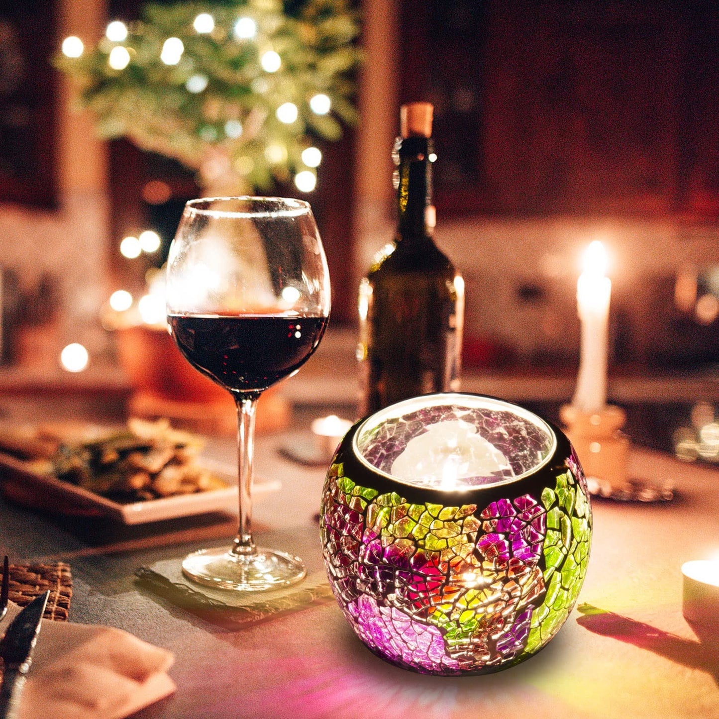Rancco Glass Votive Candle Holder for Tealight, Romantic Mosaic Cracked Candle Holder, Candle Lamp Aromatherapy Candlescape Bowl for Valentine's Thanksgiving, Christmas Table Centerpiece, Party Decor