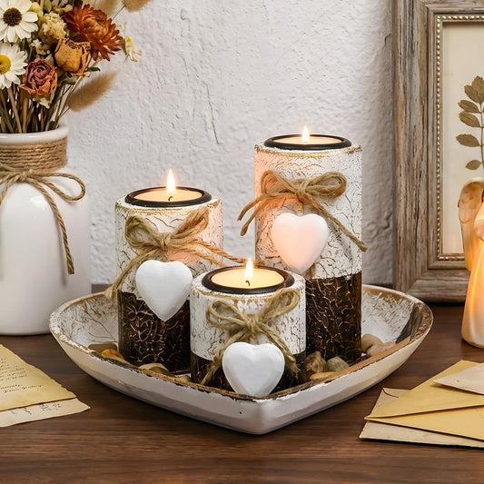 Teeloray Farmhouse Candle Holders 3 Pack Rustic Wooden Pillar Candle Holder with Heart Tray and Stones Tealight Candles Holders Farmhouse Centerpiece for Coffee Table Mothers Day Valentines Home Decor