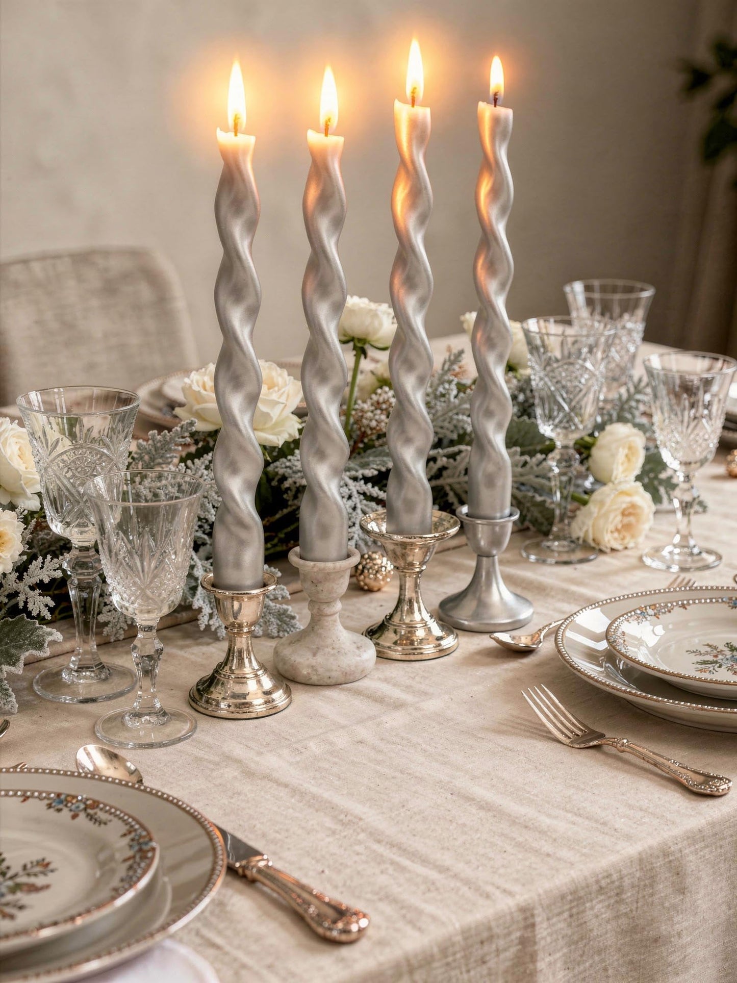 Viyffo Spiral Taper Candles 12 Inch – 4 Pack Silver, Dripless, Unscented, Smokeless – 9 Hour Burn – Tall Candlesticks for Wedding, Dinner, Holiday, Party, Home Decor