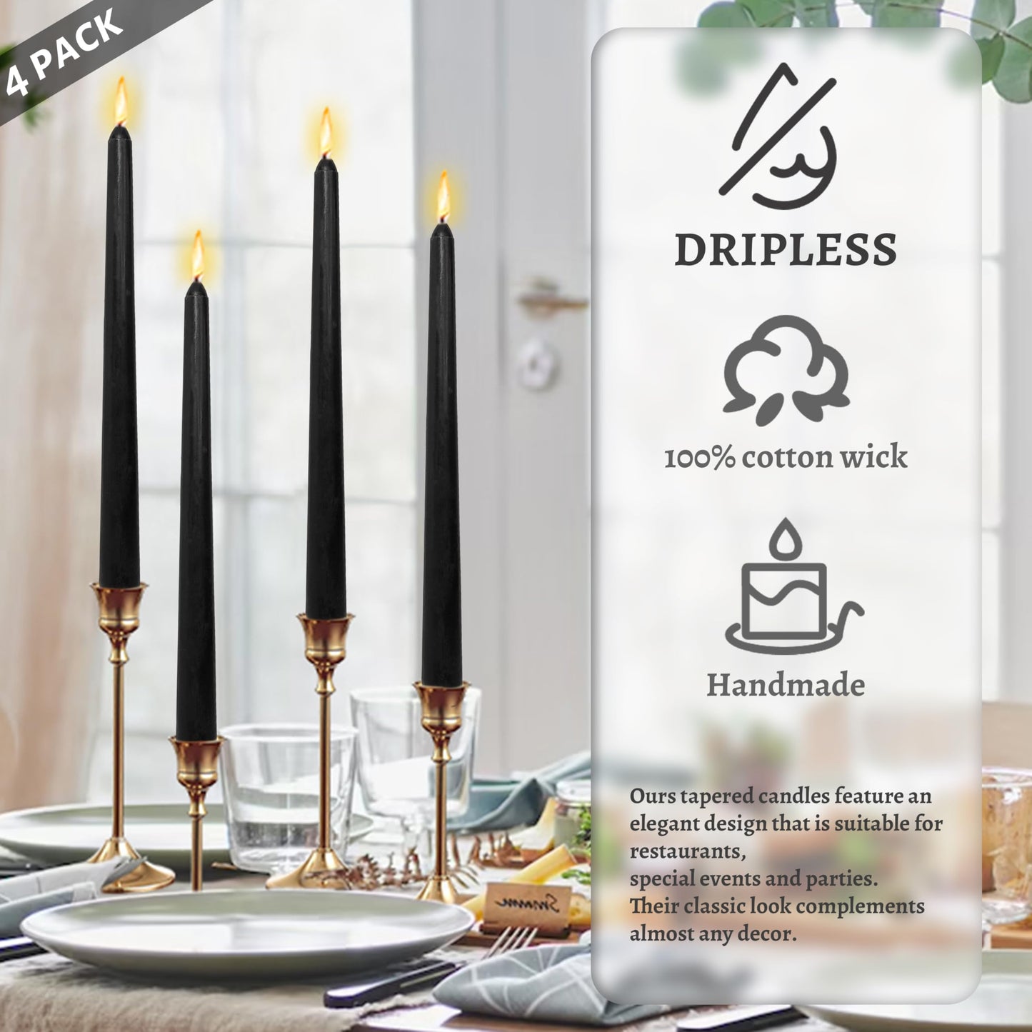Smokeless Sandalwood Scented Black Taper Candles Dripless Long Lasting Burn 10 Inch Tall Candlesticks for Home Décor Holiday Gift Romantic Evenings