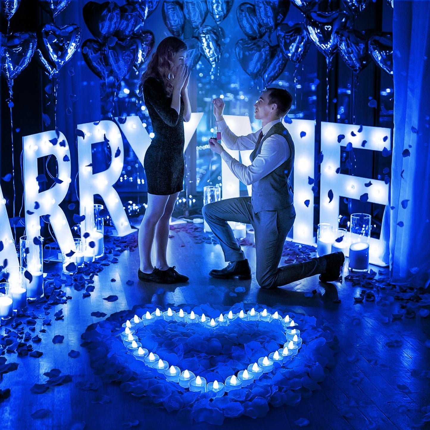 3000Pcs Blue Rose Petals with 36Pcs LED Tea Lights Candles, Romantic Gifts for Her, Special Night, Date Night Ideas, Wedding, Anniversary, Proposal