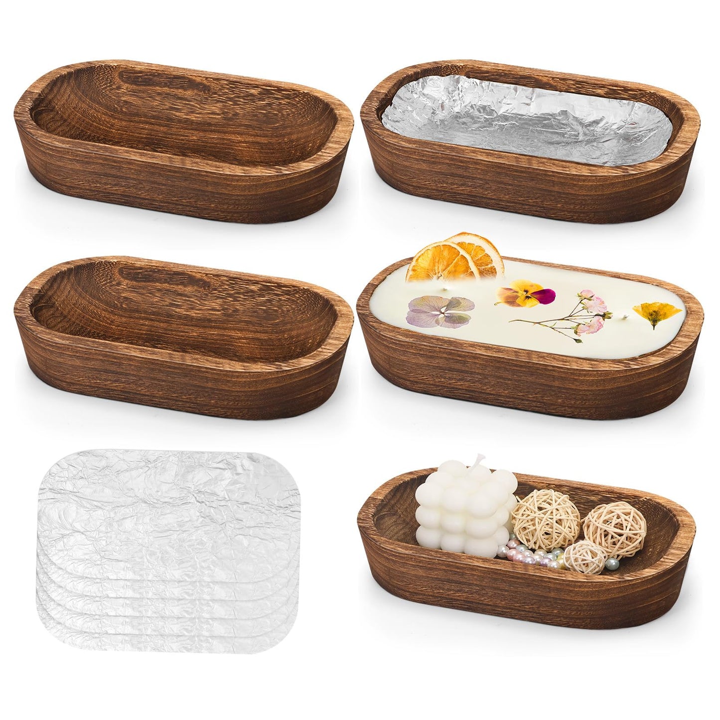 badashun 5 Pack Wooden Dough Bowls,Dough Bowls for Candle with Fire-resistant Coating,Rustic Paulownia Wood Bowl,Kitchen Table Home Bathrooms Farmhouse Decoration (9.5 x 5.5 x 1.6 Inch,Brown) (5)