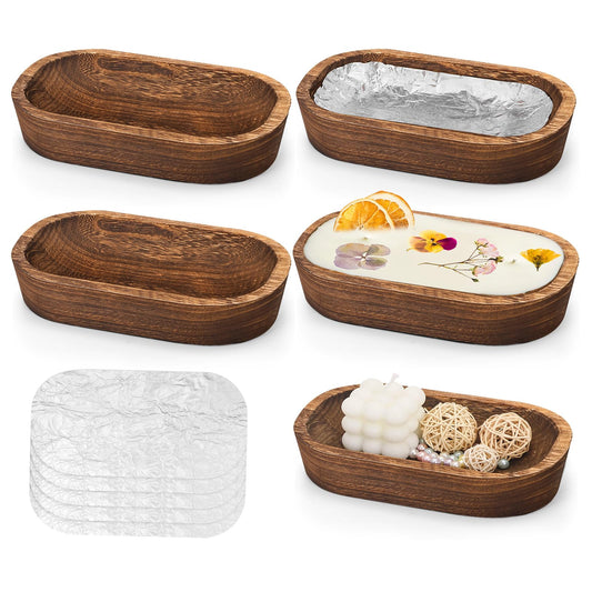 badashun 5 Pack Wooden Dough Bowls,Dough Bowls for Candle with Fire-resistant Coating,Rustic Paulownia Wood Bowl,Kitchen Table Home Bathrooms Farmhouse Decoration (9.5 x 5.5 x 1.6 Inch,Brown) (5)