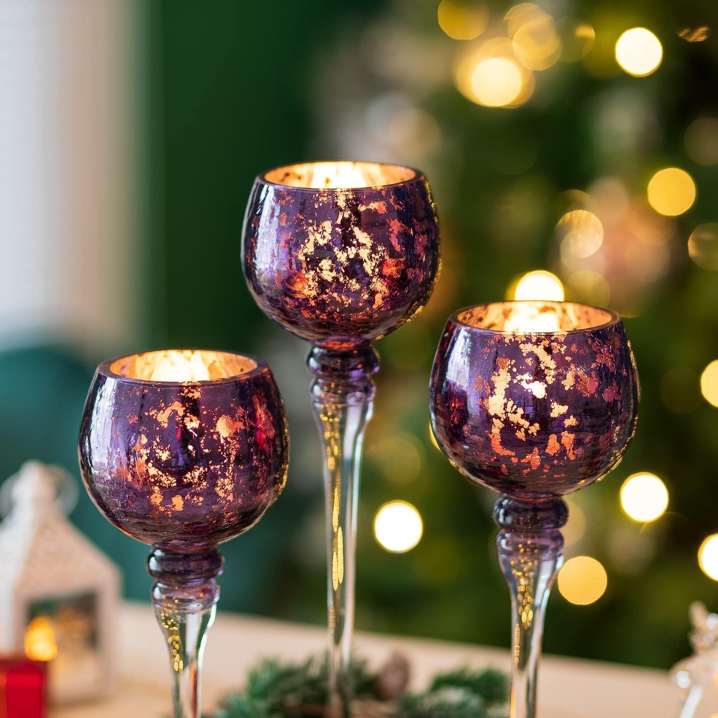 Inweder Glass Tealight Candle Holder: Purple Mercury Votive Holders 9/10/12 Inch Tall Long Setm Floating Candle Holders for Christmas Dining Table Centerpiece Wedding Party Halloween Set of 3