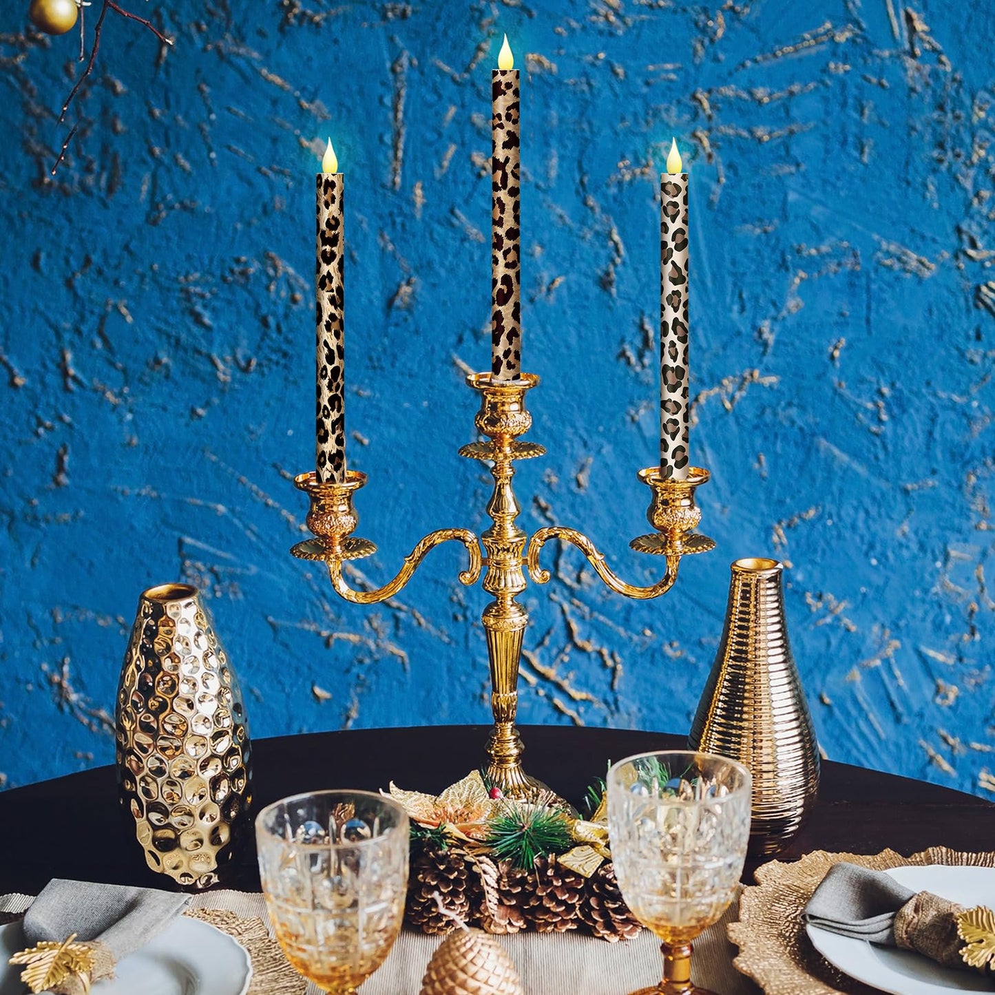 Honoson 6 Pcs Leopard Flameless Taper Candles 10.6 Inch Wild Safari Cheetah Print Candles Battery Operated LED Candlesticks for Animal Theme Jungle Birthday Party Summer Table Home Bathroom Decor