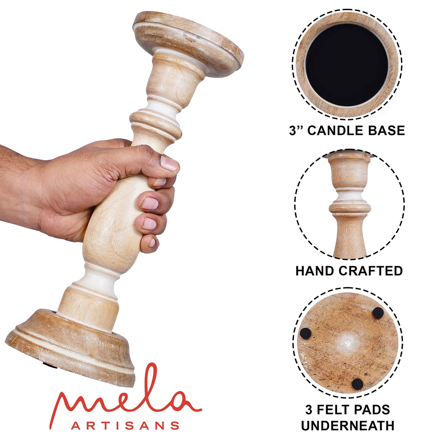Mela Artisans 6”, 9” & 12” Mango Wood Pillar Candle Holder Set of 3 – Tuli Design Whitewashed – Wooden Candle Holders for Table, Mantel & Living Room Décor
