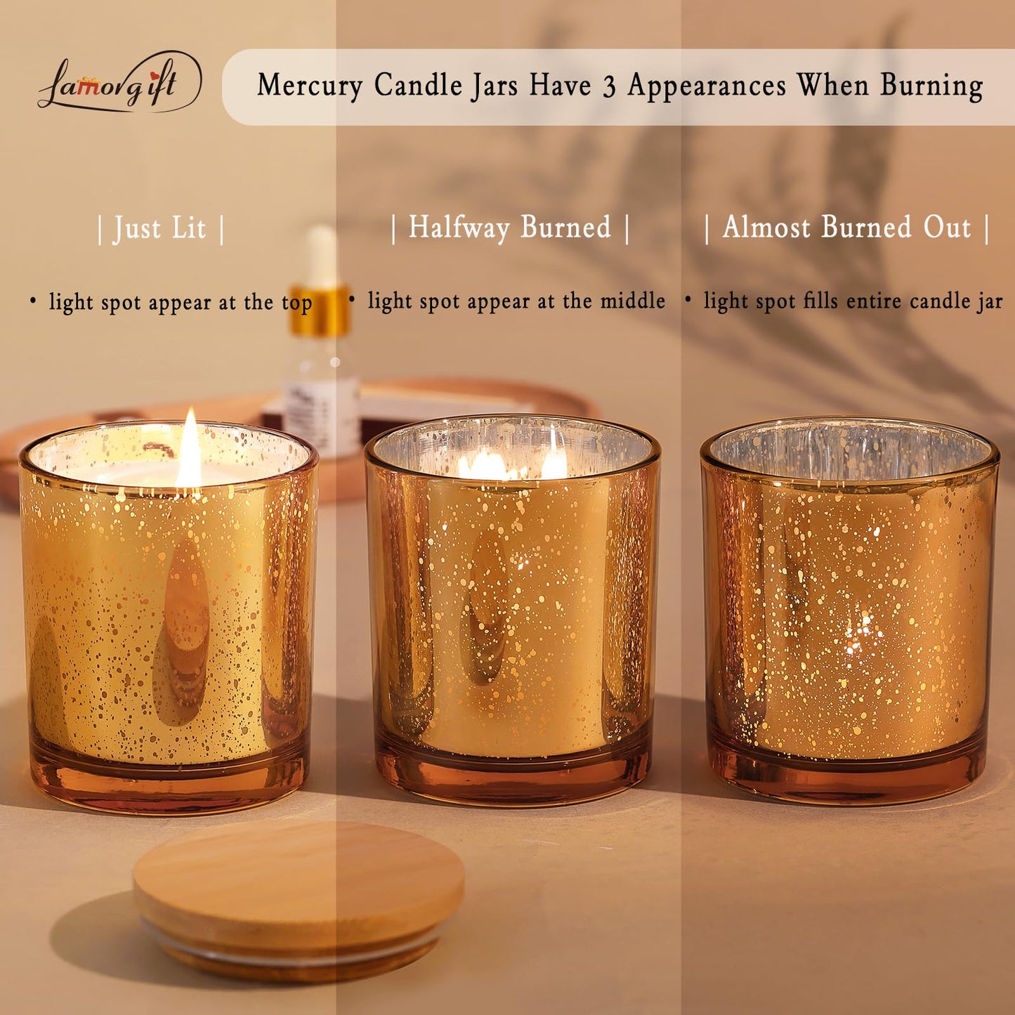LAMORGIFT 12 Pack Gold Mercury Glass Candle Jars (10oz) with Lids - Candle Makes Accessory Set Including 15 Labels