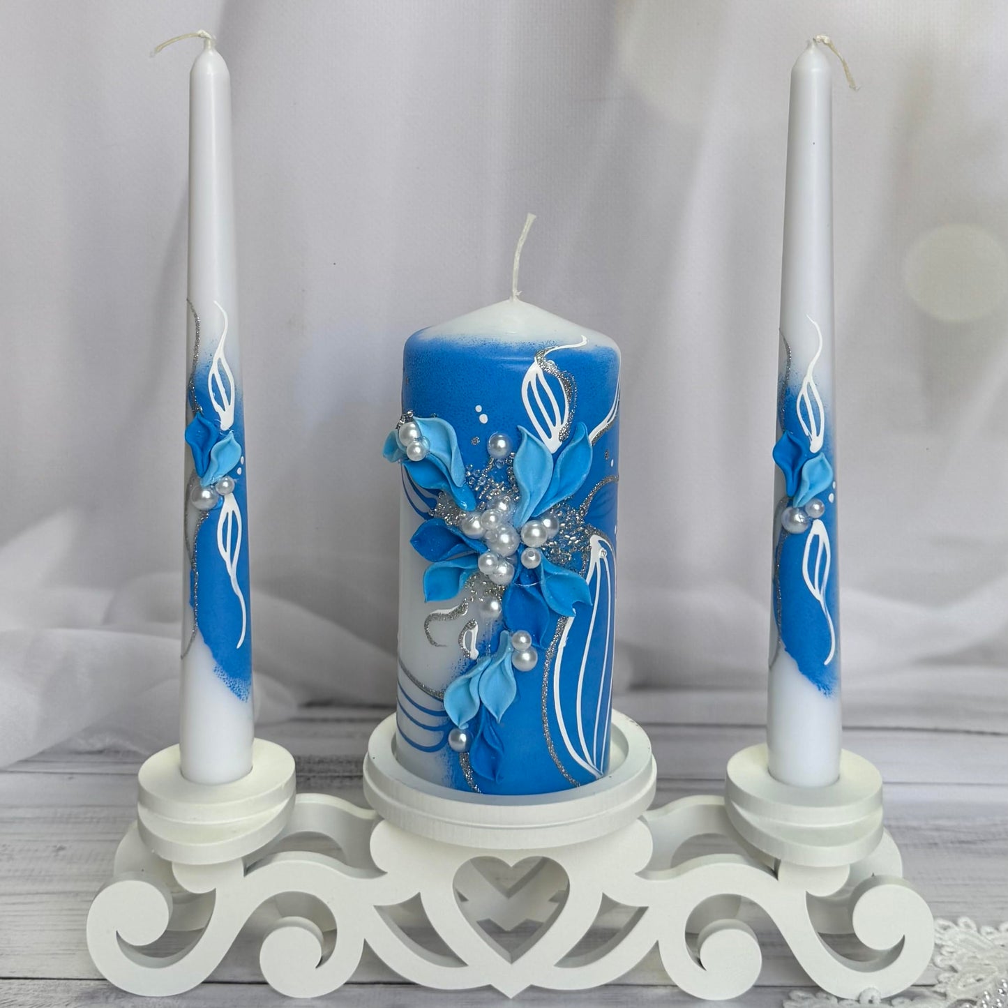 Magik Life Unity Candle Set - Wedding Ceremony & Reception – 6” Pillar & Two 10” Taper Candles – Long Burning Unity Candles for Marriage Ritual – Handmade in USA –White | Royal Blue