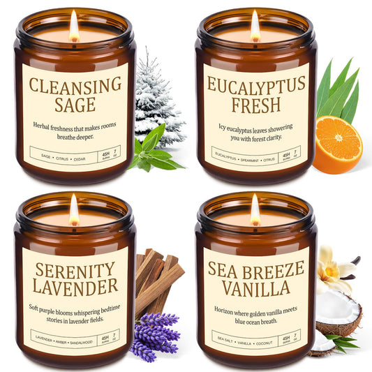 4 Pack Scented Candles for Home Scented: Soy Candles for Women, Up to 200H Burning Aromatherapy Candle Set, Jar Candle Gift Set for Birthday Valentine's Day, Scents of Sage/Vanilla/Lavender/Eucalyptus